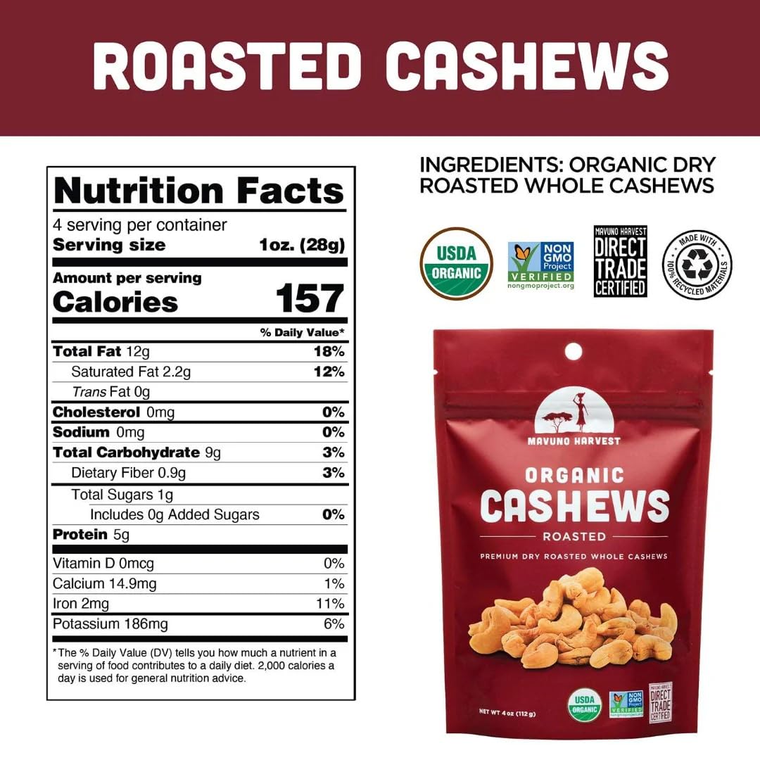 Mavuno Harvest Organic Roasted Cashews | Unsalted Whole Cashews | Dry Roasted Cashew Nuts | Vegan, Low Sodium, Non Gmo Healthy S