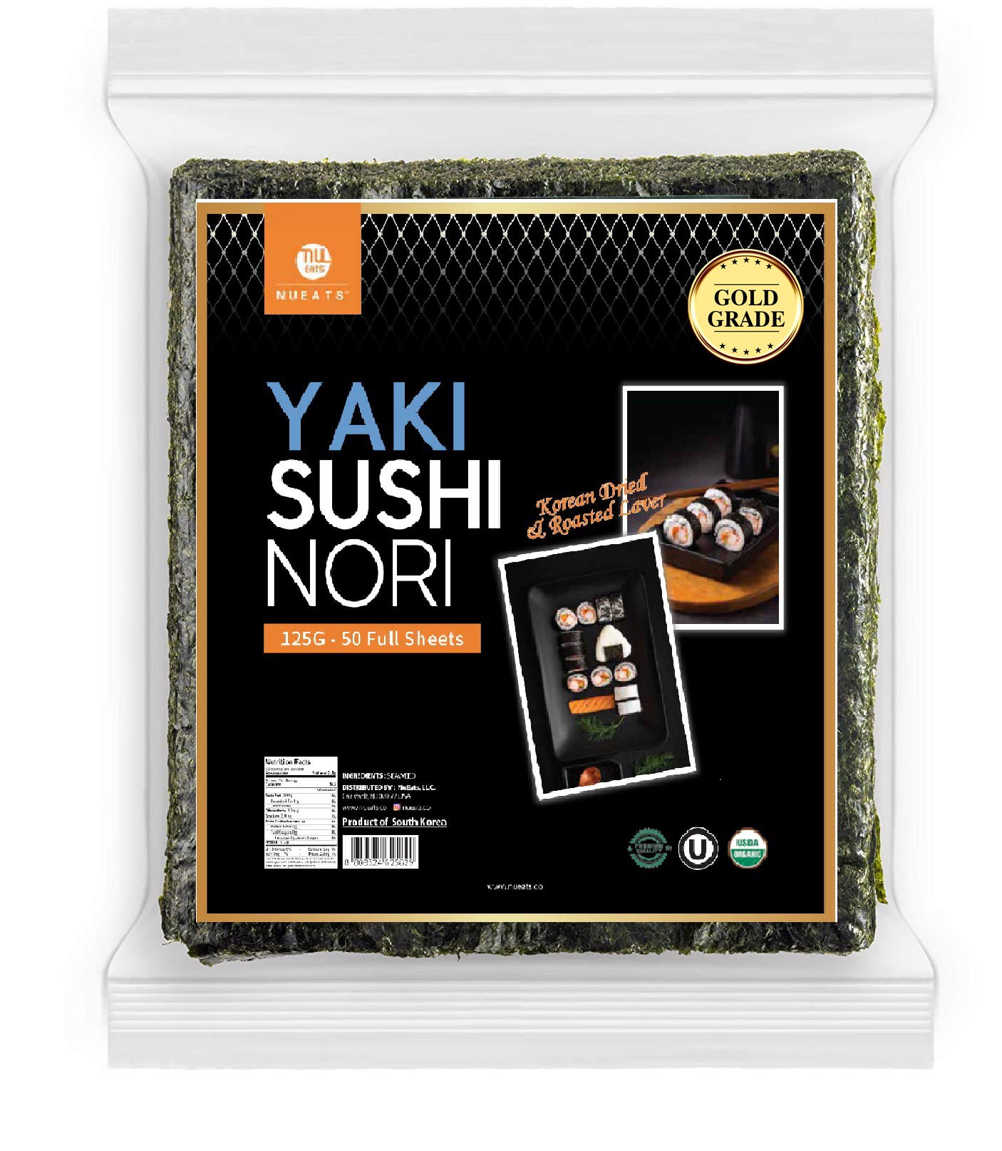 Organic Yaki Sushi Nori(Nueats), 50 Full Sheet, Gold Grade, Roasted Seaweed, Resealable, Product Of South Korea, Usda Organic, K