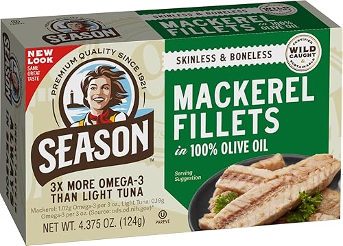 Season Skinless And Boneless Fillets Of Mackerel In Olive Oil 4.375-Ounce Tins (Pack Of 6)