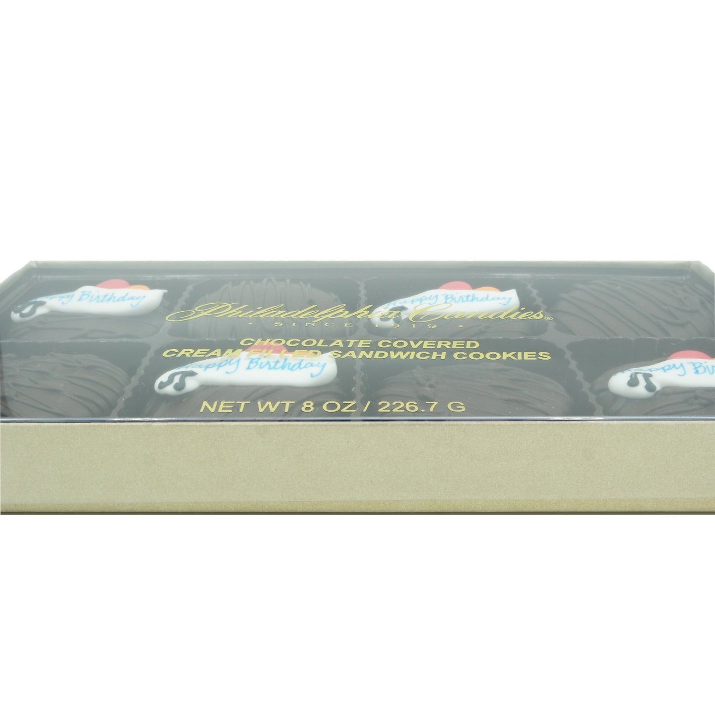Philadelphia Candies Dark Chocolate Covered Creme Filled Sandwich Cookies, Happy Birthday Gift 8 Ounce