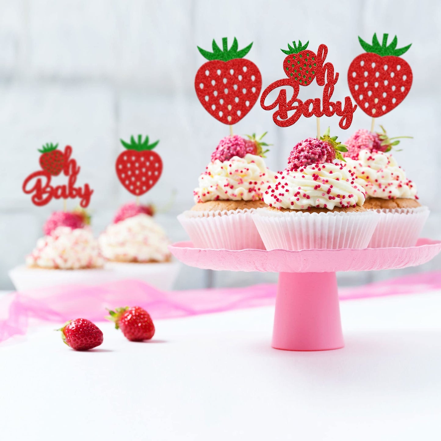24Pcs Strawberry Oh Baby Cupcake Toppers Glitter Fruit Theme Babyshower Strawberry Cupcake Picks For Gender Reveal Baby Shower K