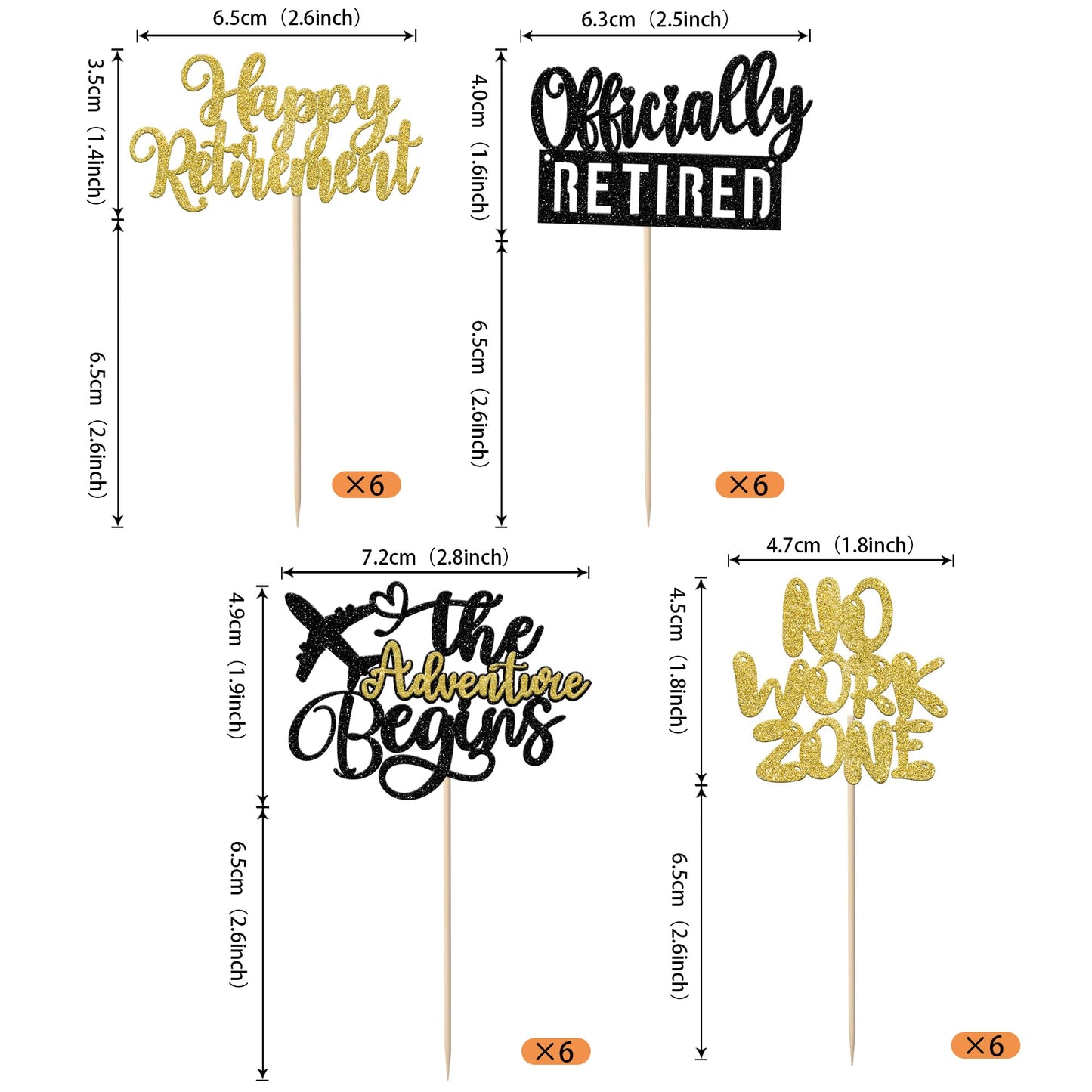 Rssta i Cupcake Toppers - 24 Pack Retired Cake Decorations, Black Gold, Cardstock for Retirement Party