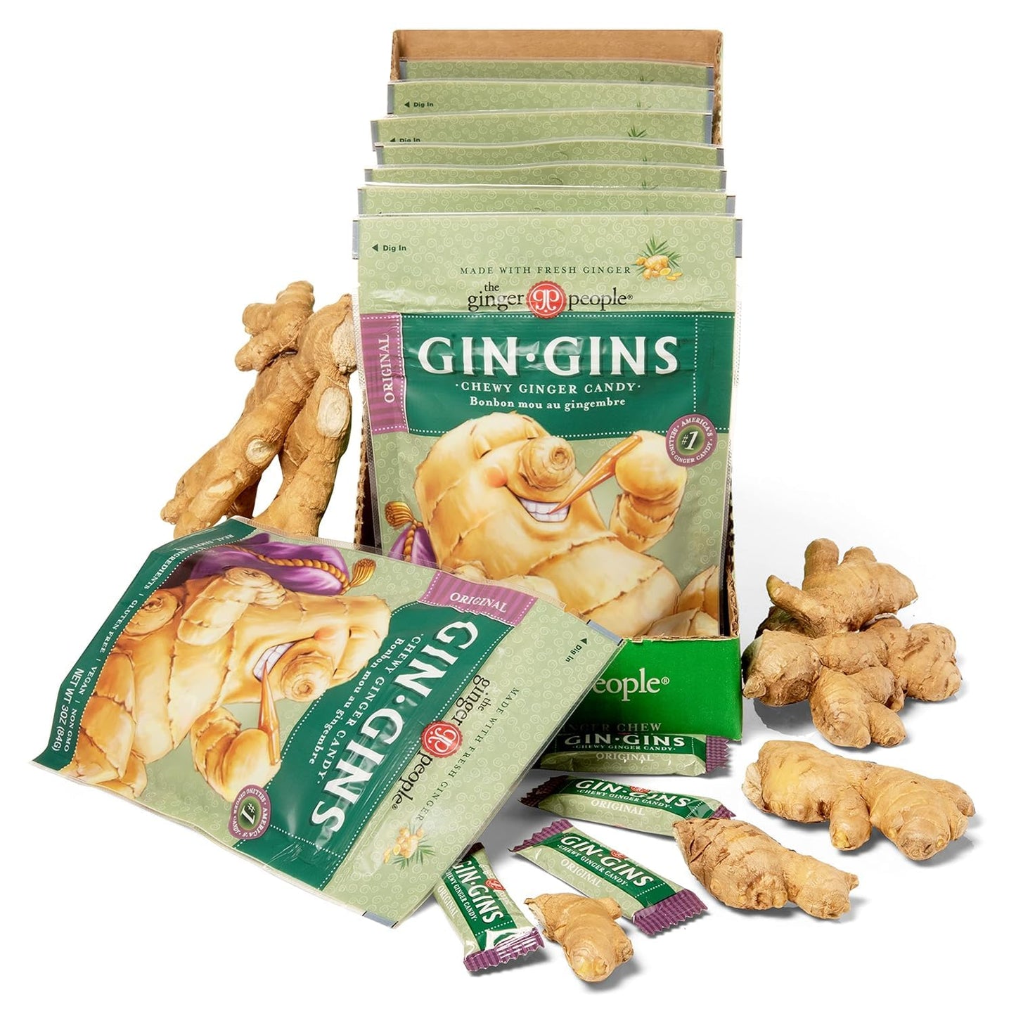 The Ginger People GIN GINS Original Ginger Chews - 100% Natural Candy, 3oz Bag, Pack of 8, Brown