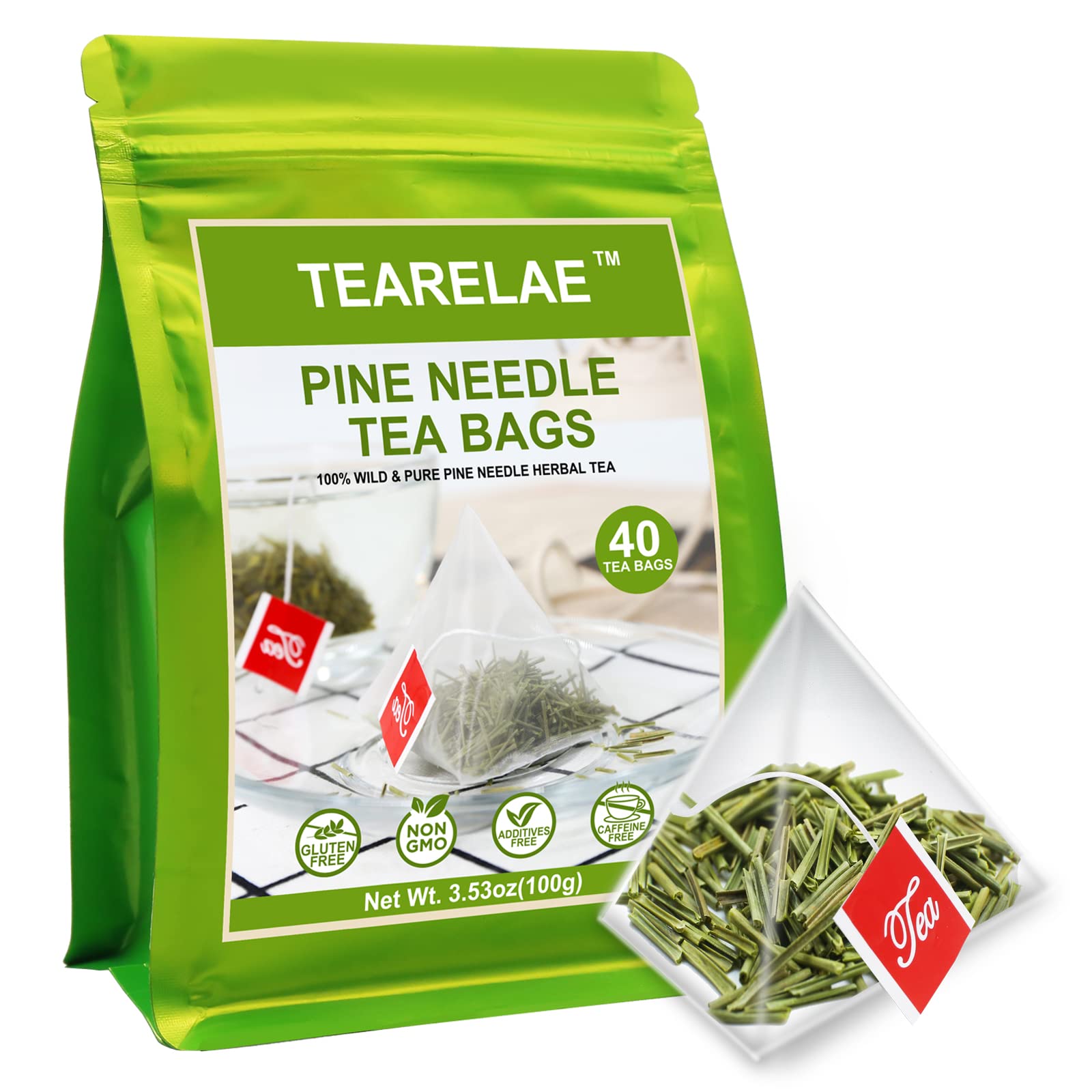 TEARELAE Pine Needle Tea Bags - 100% Pure Natural Dried Masson Pine Needles - 40 Count - Caffeine-Free - 3.53oz/100g