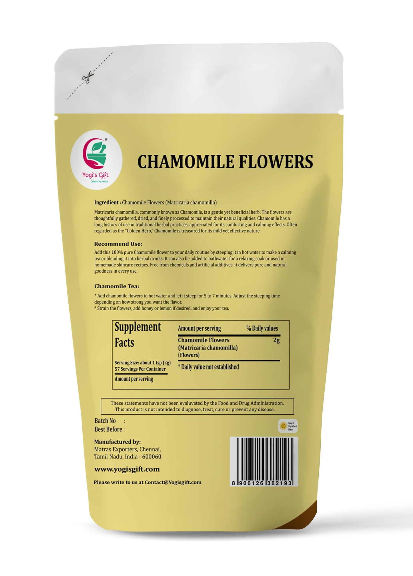 Chamomile Flowers 4 Oz, 100% Natural Loose Leaf Chamomile Tea, Whole Dried Flowers For Herbal Tea, Resealable Bag For Freshness - By Yogi’S Gift®