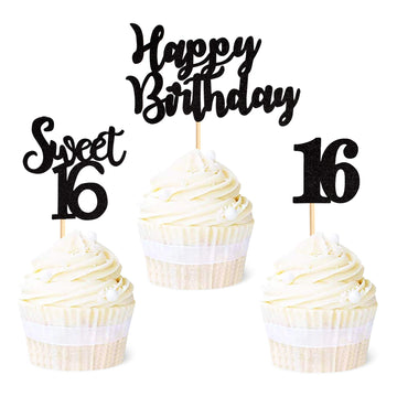 Ercadio 36 Pack Black Sweet 16 Cupcake Toppers Sixteen Happy Birthday Cake Picks Decorations For 16Th Birthday Party Supplies