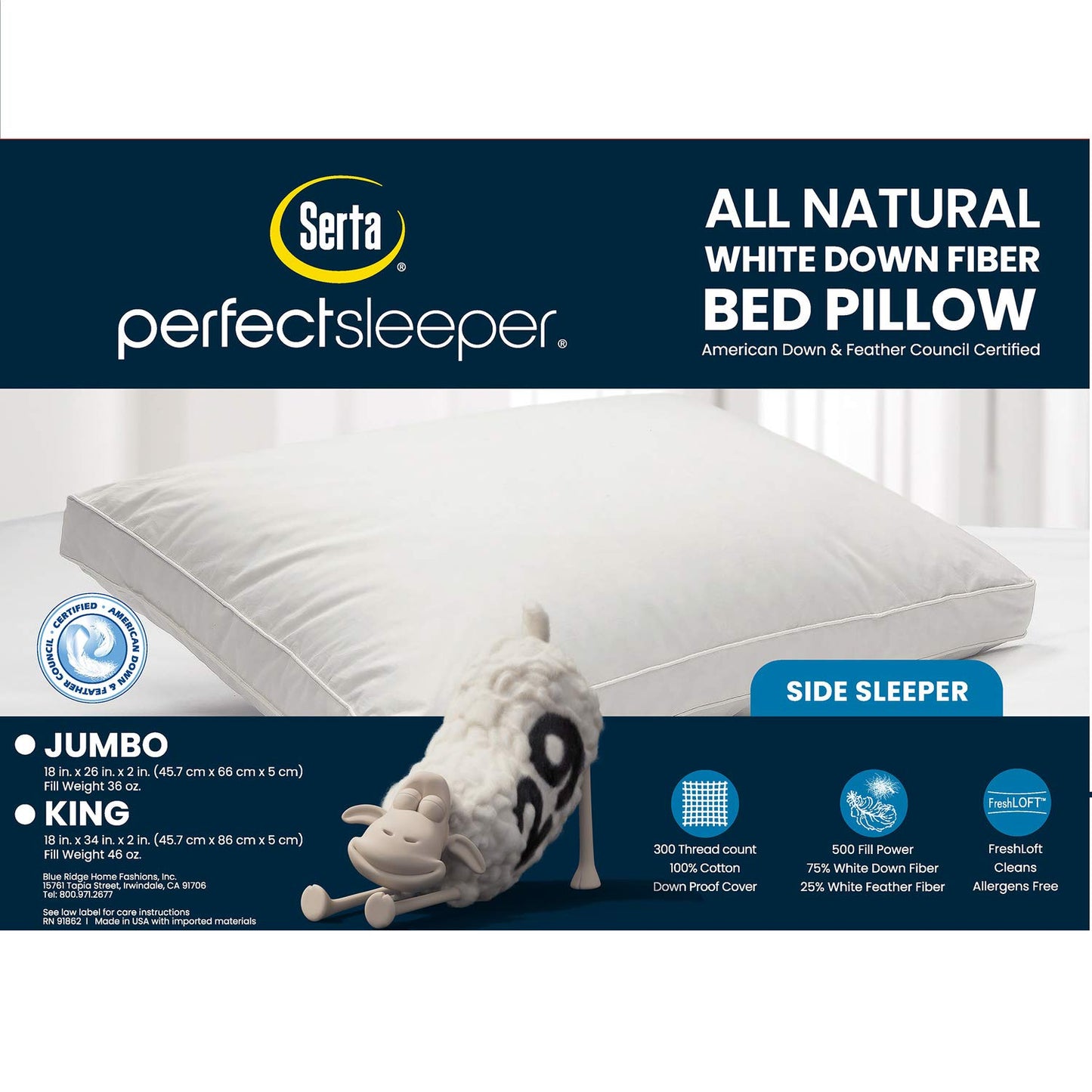 Serta 500 Fill Power Hotel Collection Gusseted 300 Thread Bed Side Sleeper-Made In Usa Pillow, 1 Count (Pack Of 1), White