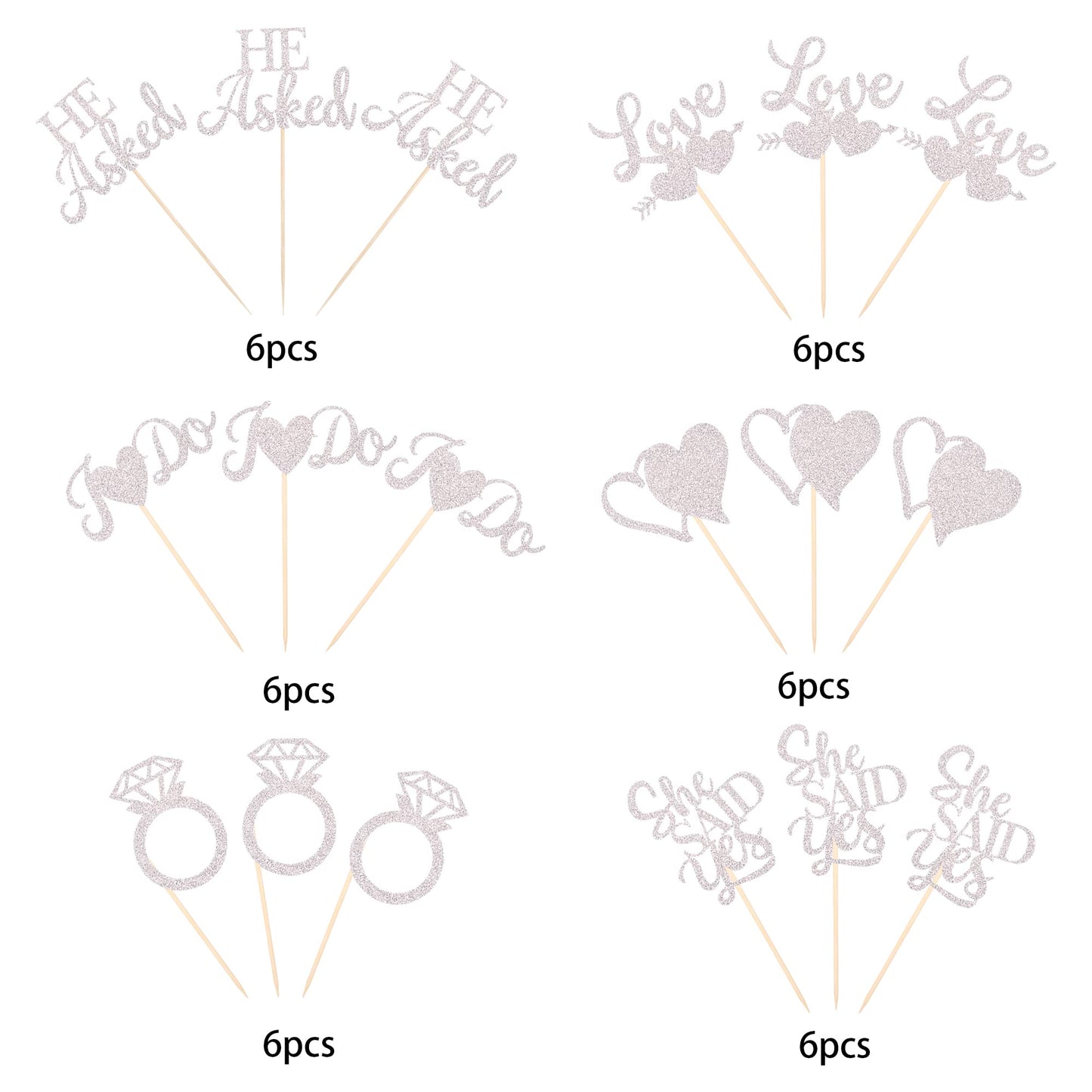 YCTHUNFISH Cupcake Toppers, 36 Pack Silver Glitter Love Heart I Do Ring Decorations for Wedding Engagement Bridal Shower