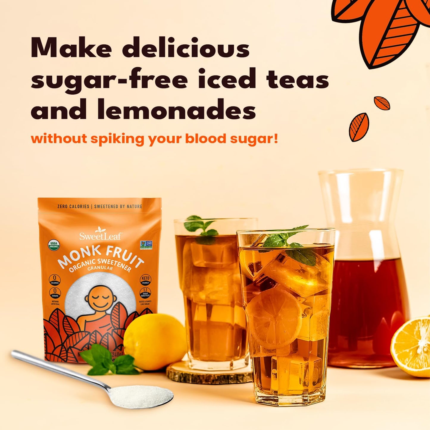 SweetLeaf Organic Monk Fruit Sweetener - Keto Friendly, Zero Calorie, Sugar Free, Granular, 8.47 Oz Bag, Non-GMO, Perfect for Coffee & Baking
