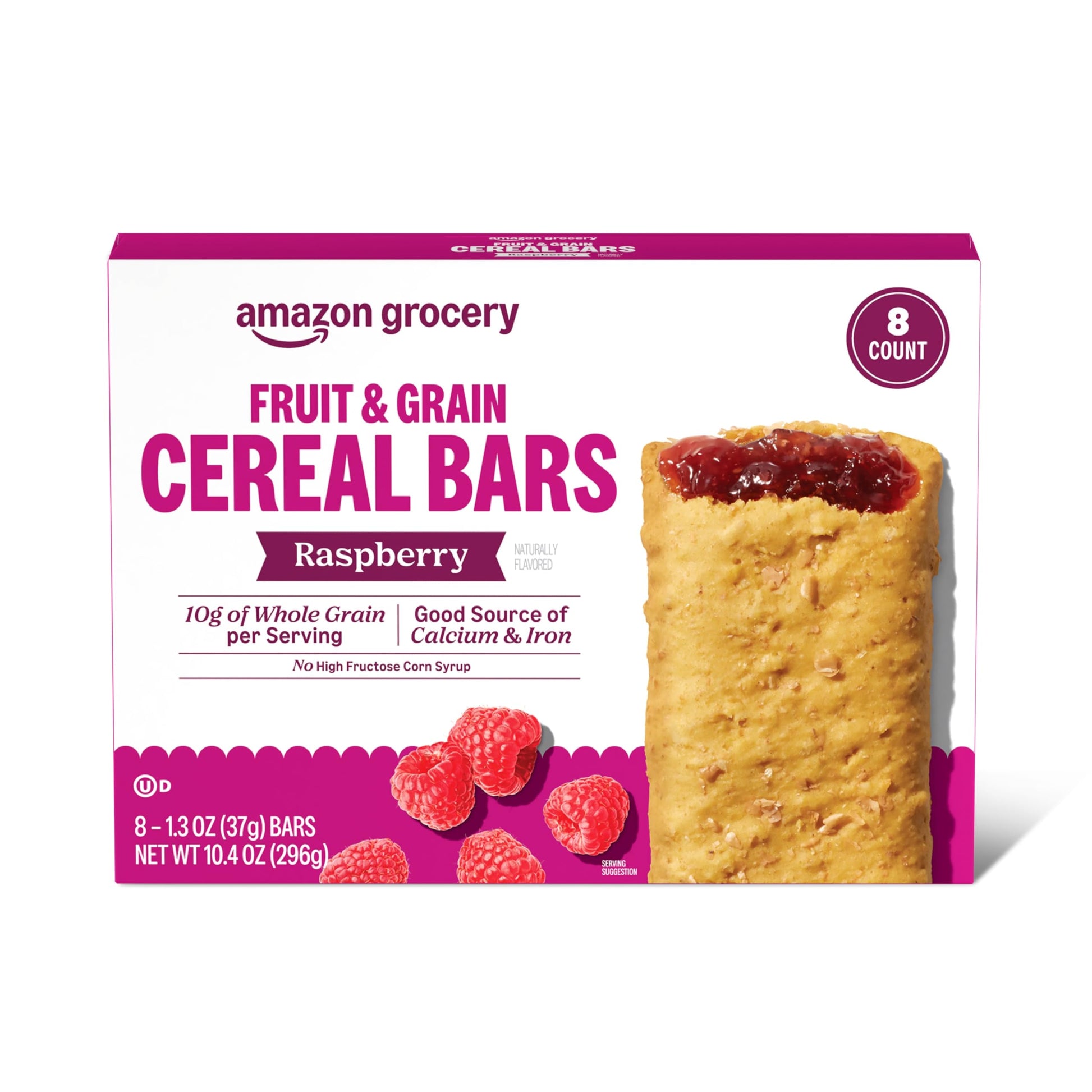 Amazon Grocery Fruit & Grain Cereal Bars, Raspberry, 8 Count, 1.3 Oz per Bar, Pack of 1