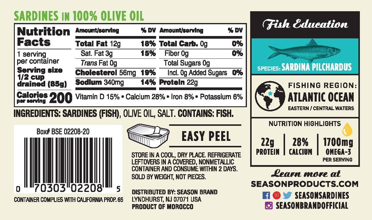 Season Sardines In Olive Oil - Wild Caught, 22G Of Protein, Keto Snacks, More Omega 3'S Than Tuna, Kosher, High In Calcium, Canned Sardines - 4.37 Oz Tins, 12-Pack