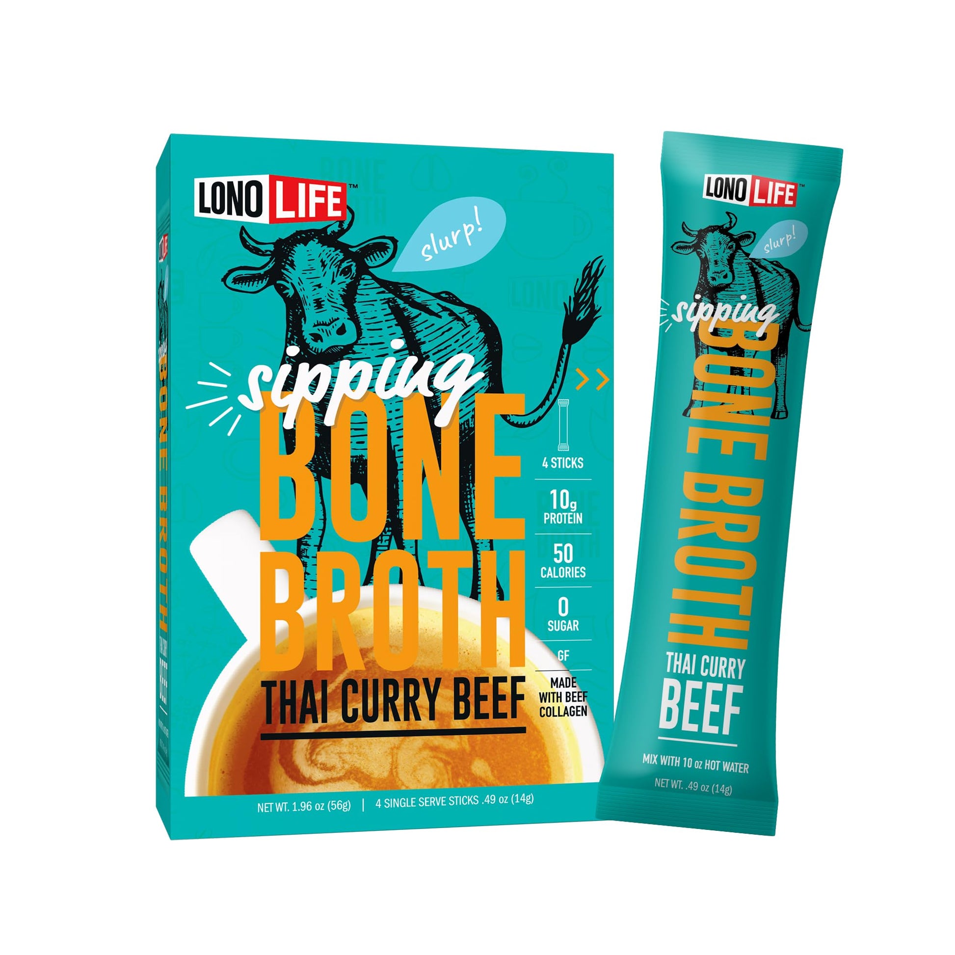 LonoLife Thai Curry Beef Bone Broth Powder Mix, 10g Protein, Collagen-Rich, 24 Stick Pack Servings, Keto & Paleo Friendly