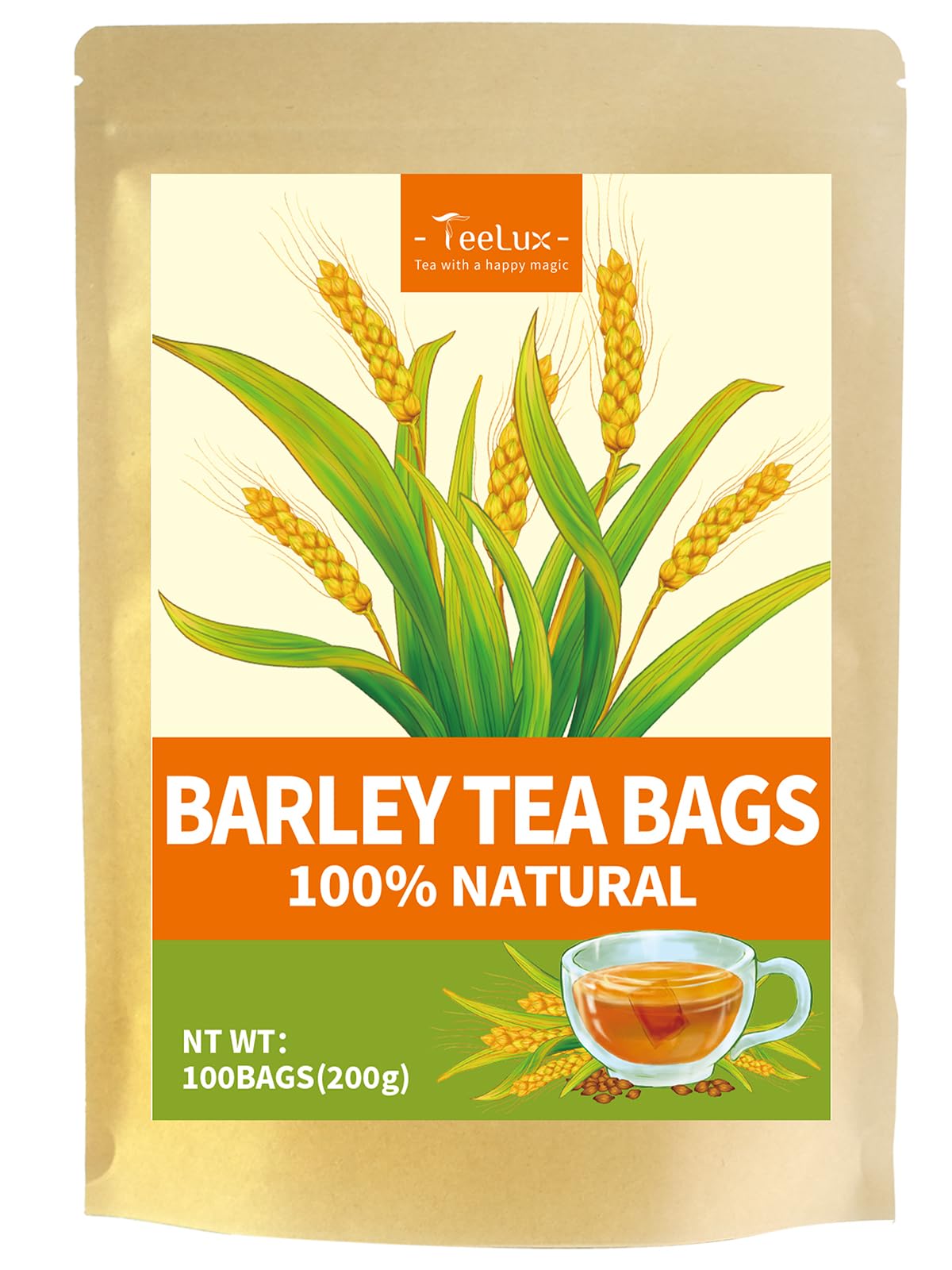 TeeLux Barley Tea Bags, Caffeine Free, Sugar Free, Nutty Flavor, 100 Count