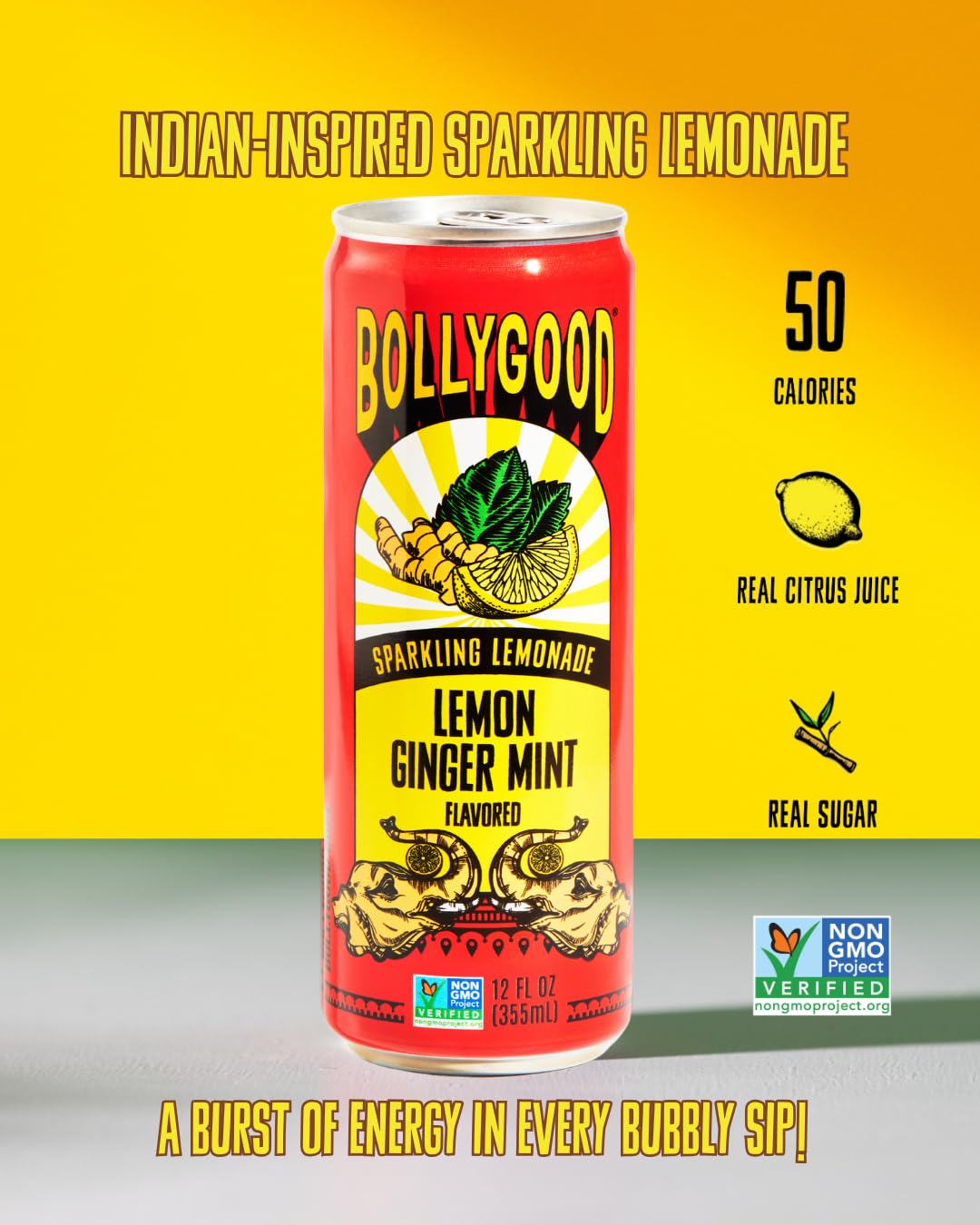 Bollygood Sparkling Lemonade, Lemon Ginger Mint, Indian Inspired Beverage Nimbu Pani, No Artifical Colors Or Flavors, Non-Gmo Pr