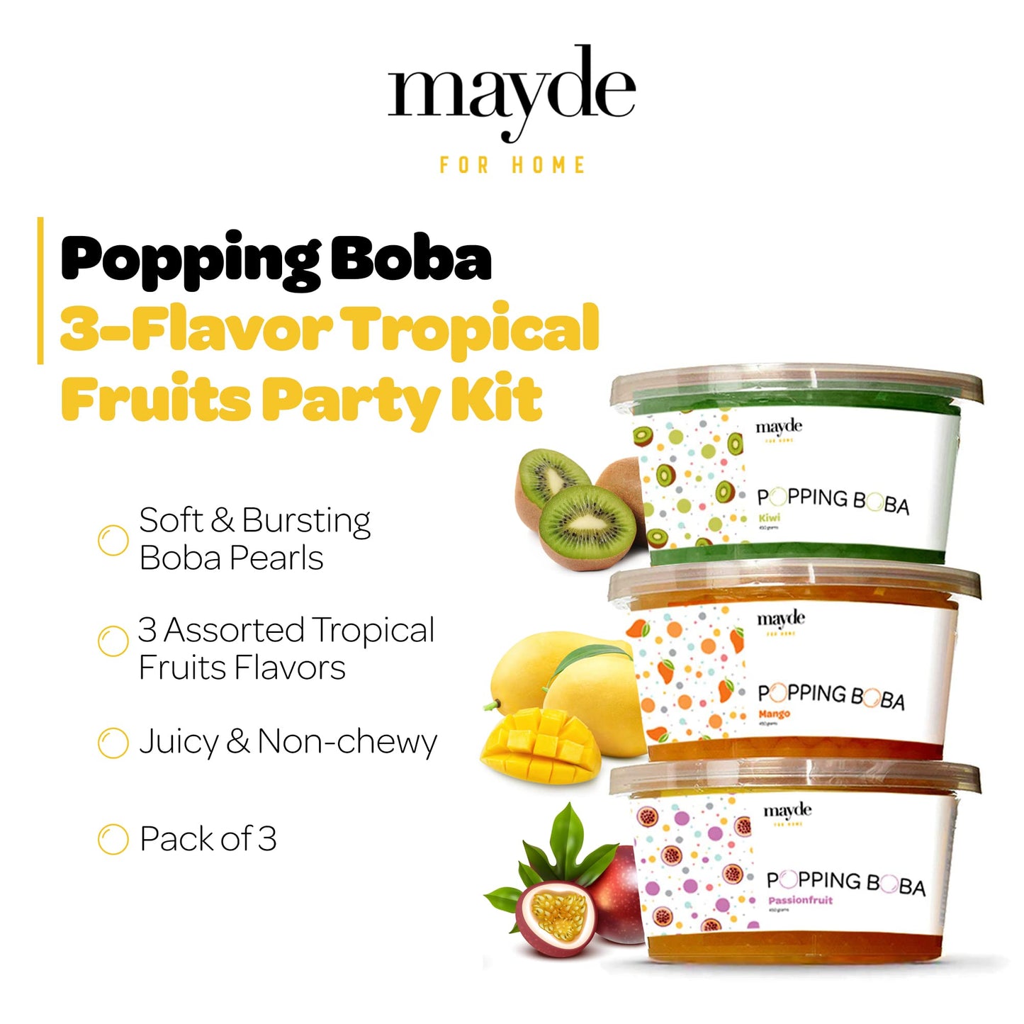 Mayde 3-Flavor Popping Boba Pearls Tropical Fruits Party Kit - Kiwi, Mango,Passionfruit (3-Pack, 490 Grams)