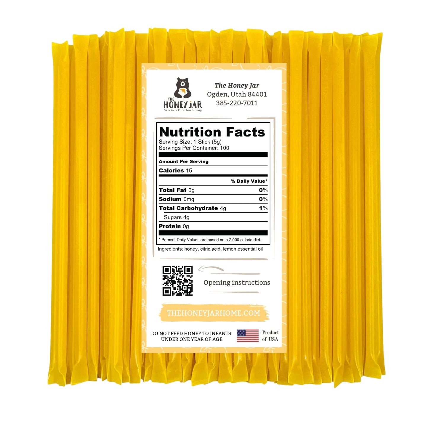 The Honey Jar Lemon Flavored Raw Honey Sticks - Pure Honey Straws for Tea & Coffee - 100 Count