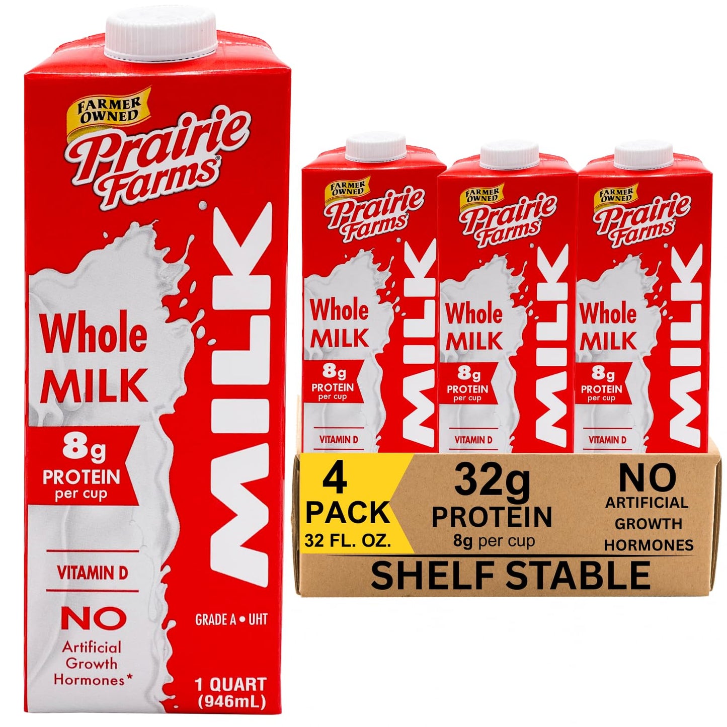 Prairie Farms Whole Milk, Shelf Stable, Boxed & Ultra Pasteurized (Uht), Vitamin D White Milk - Preservative And   Free, Gluten Free, Kosher, Made In Usa - 1 Quart (4 Pack)