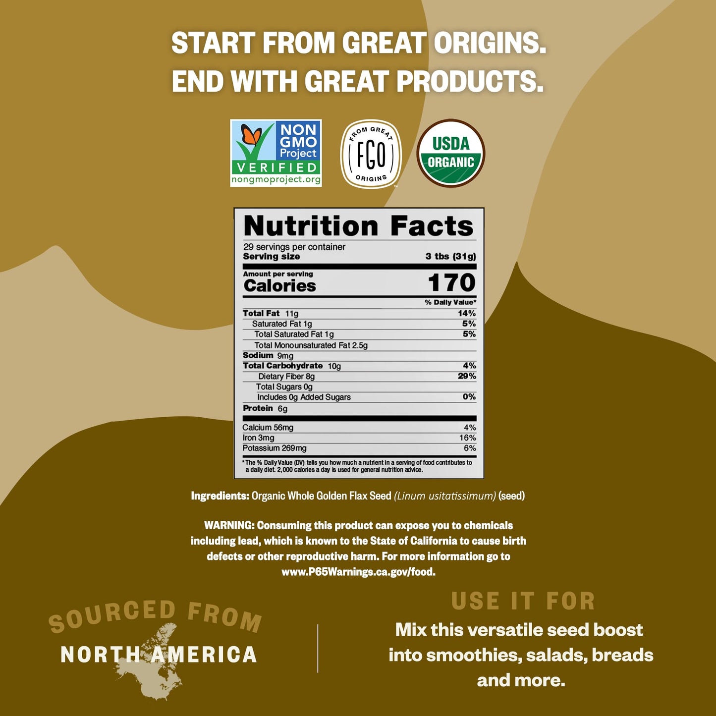 FGO Organic Whole Golden Flax Seeds, Sproutable, Grown in USA, 2 Pound (Pack of 1)