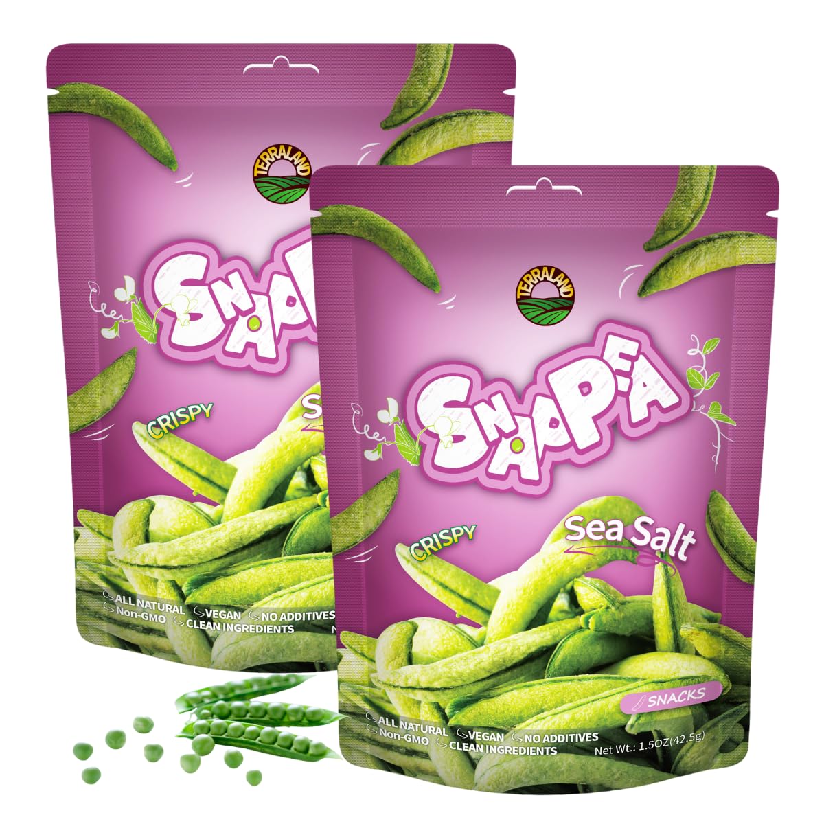 Terraland Snap Pea Crispy Crisps-Sea Salt, Crispy & Crunch, Vegan, Idea for Snacking or Pairing with Salad and Cereal 1.5oz Bag 