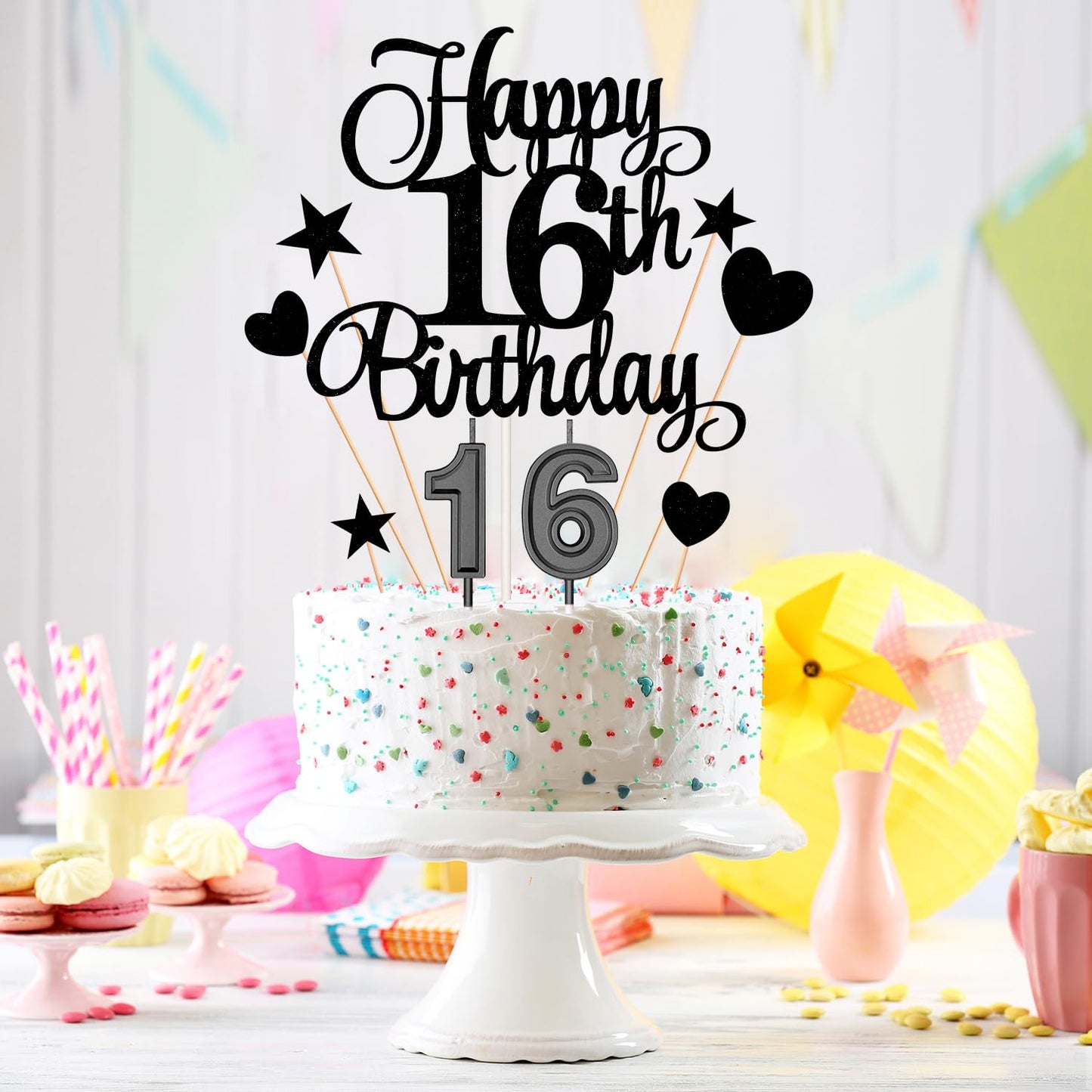 HOGRTi 16th Birthday Cake Decorations Set - Black Series, Includes Candles, Toppers & Cupcake Picks