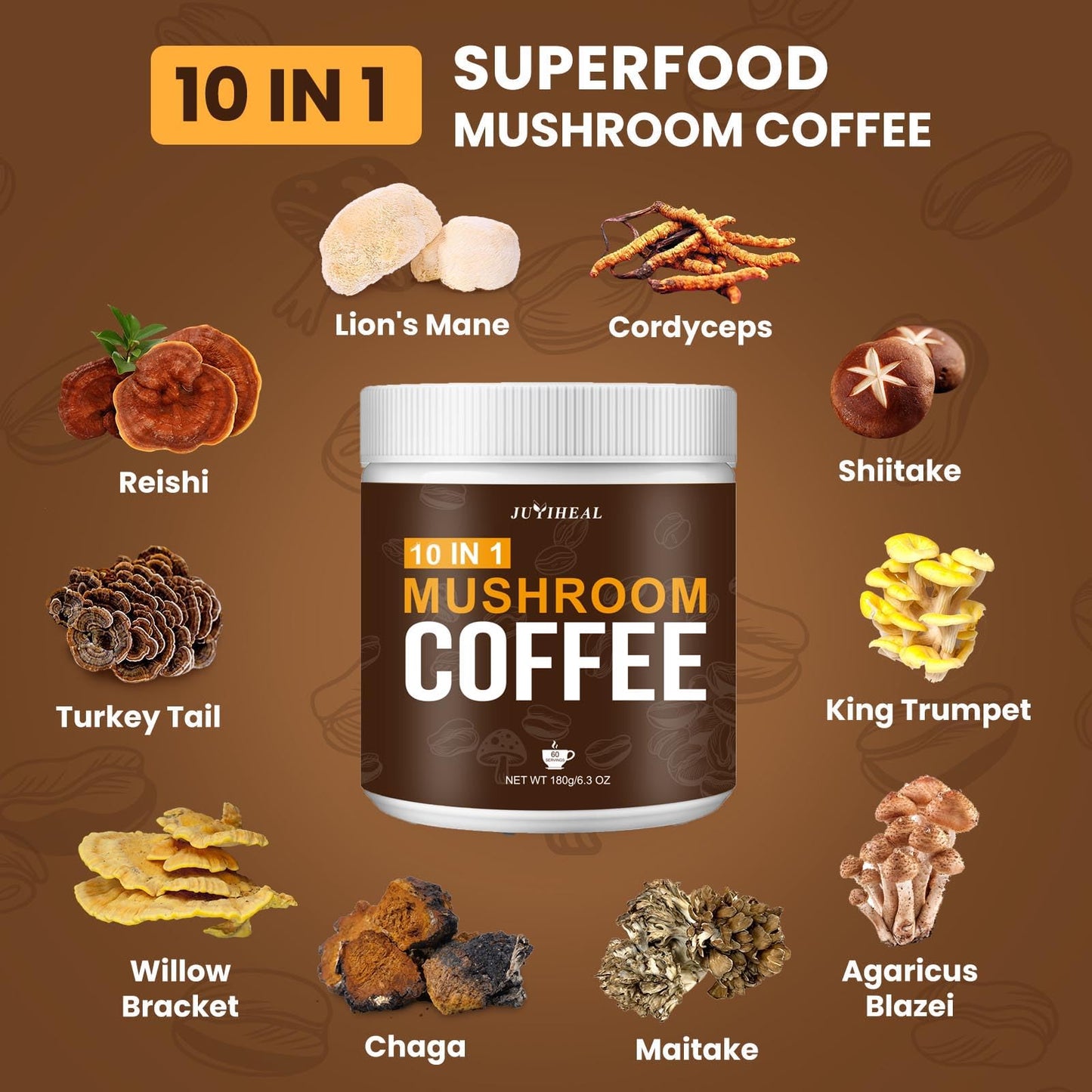 Juyiheal Mushroom Coffee, 10 In1 Mushroom Powder Coffee With Lions Mane, Chaga, Reishi, Cordyceps, Maitake, Shiitake, And Turkey