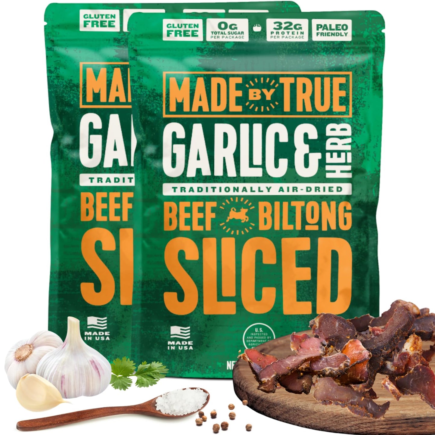 Made by True Beef Sliced Bites Garlic & Herb (2 Ounce, Pack of 2) - All Natural, Zero-Sugar True Jerky Biltong - High Protein, K