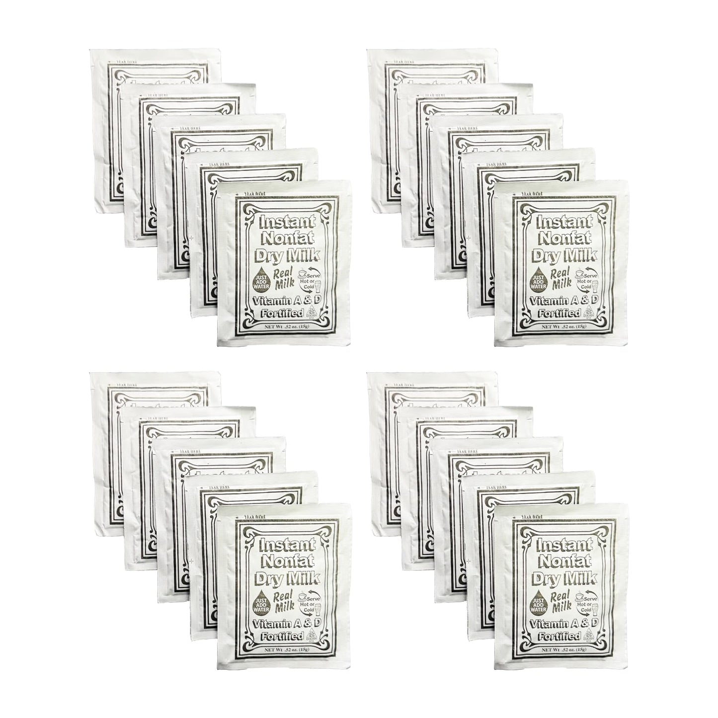 Non-Fat Dry Milk Instant Mix Packets - 15g Each, 20 Pack - Vitamin A & D Fortified, Shelf-Stable Powdered Milk