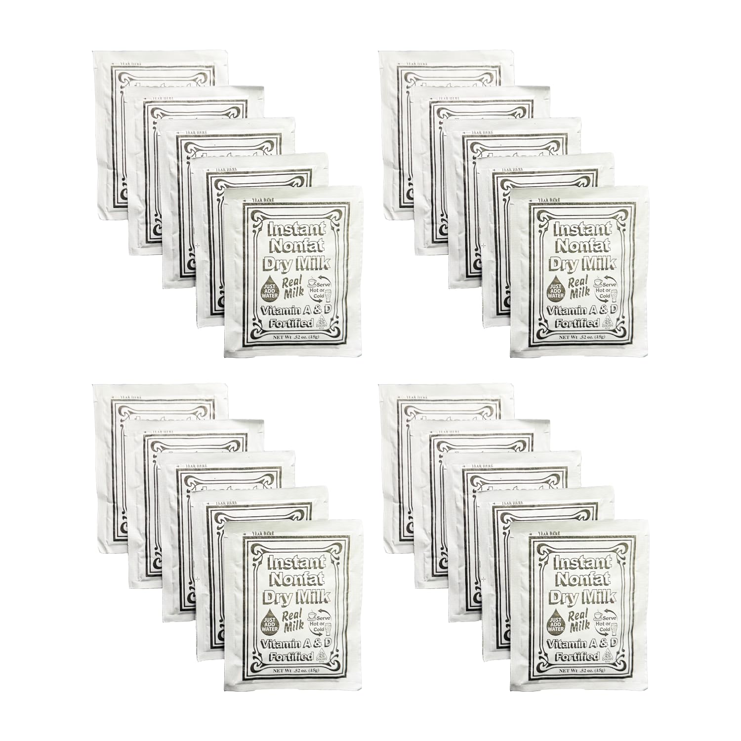 Non-Fat Dry Milk Instant Mix Packets - 15g Each, 20 Pack - Vitamin A & D Fortified, Shelf-Stable Powdered Milk