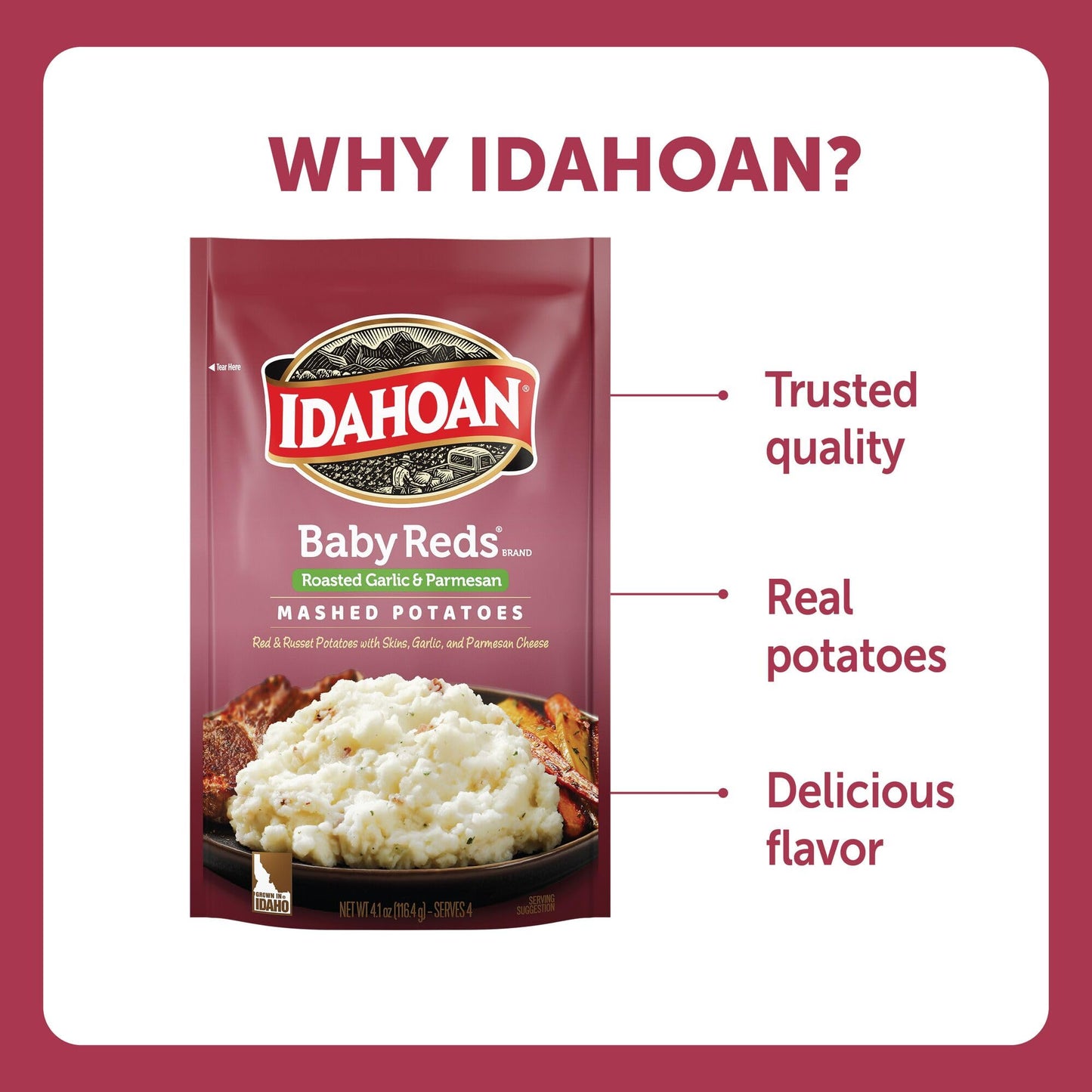 Idahoan Baby Reds with Roasted Garlic and Parmesan Mashed Potatoes, Naturally Gluten-Free, 100% Real Idaho Potatoes, 4 servings