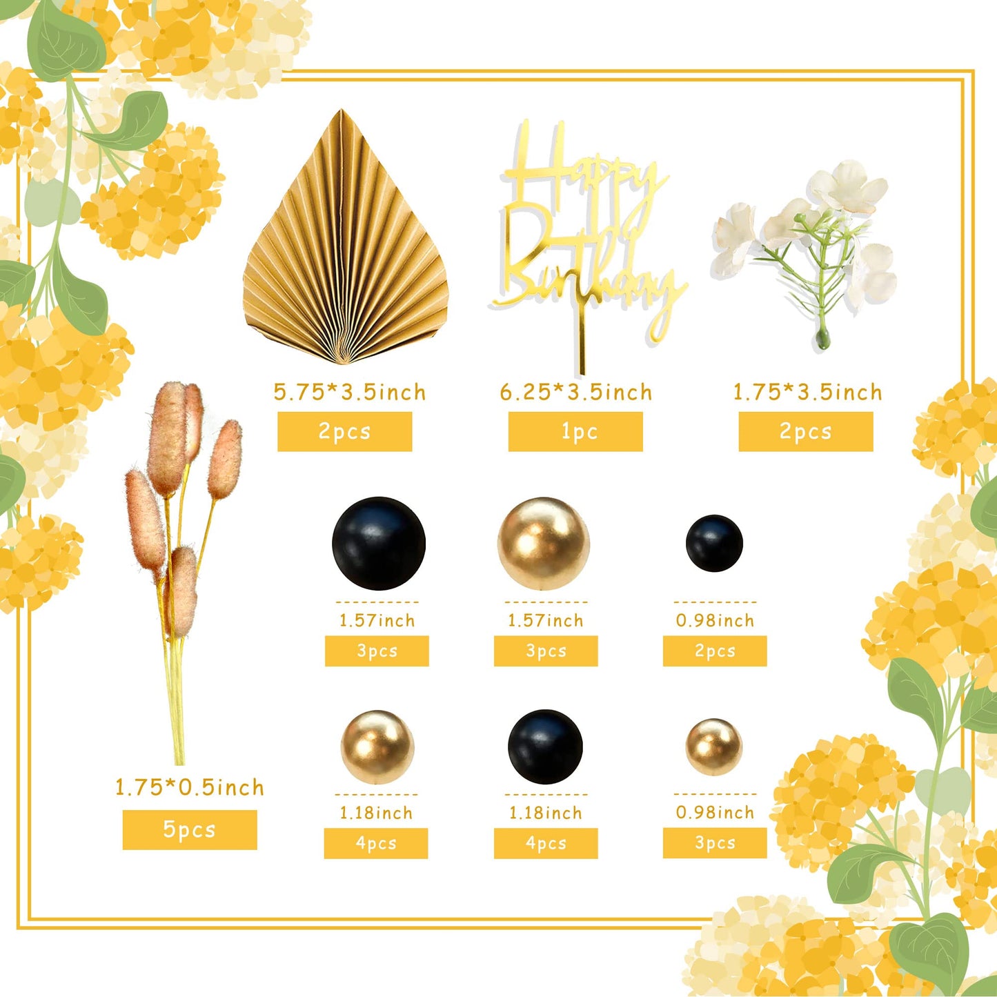 29 Pcs Flower Boho Cake Topper Balls Cake Decorations With Black And Golden Balls Palm Leaves Artificial Plants For Wedding Baby