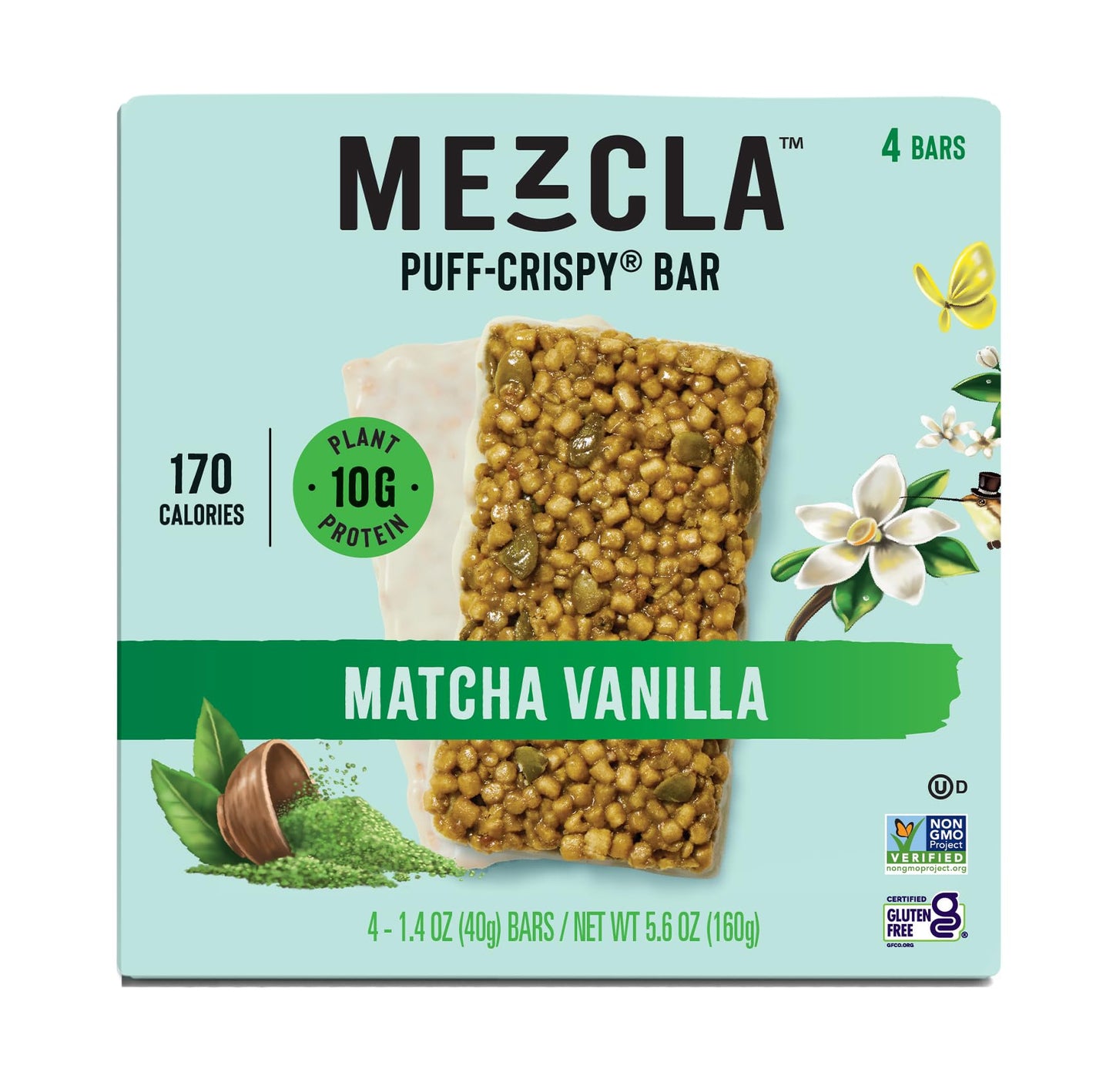 Mezcla Puff Crispy Protein Bars  Gluten Free & Vegan Protein Bars  10g Protein  Alt for Crispy Rice Treat  Granola Bars & Breakfast Bars  Healthy Snacks for mature-themeds (4 Count (Pack of 1)  Matcha Vanilla)