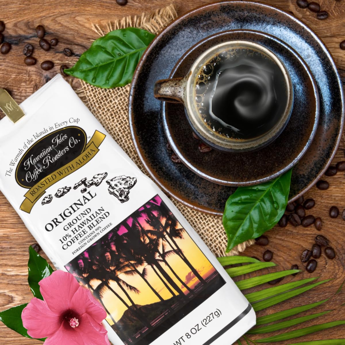 Hawaiian Isles Coffee Original Signature Roast, Medium Roast Ground Coffee, 10% Hawaiian Coffee Blend, Roasted With Aloha - 8 Ou