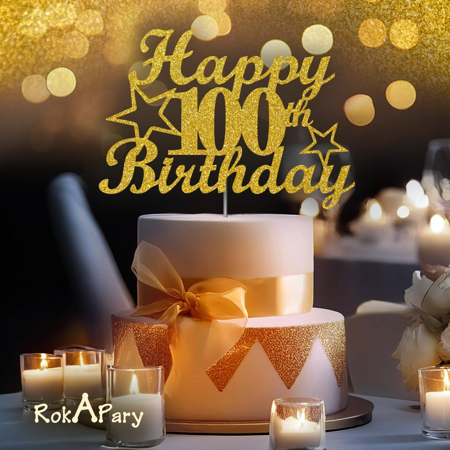 RokAPary 100 Birthday Cake Topper - Gold Glitter, Sturdy Acrylic, Double-Sided, Model RCT217