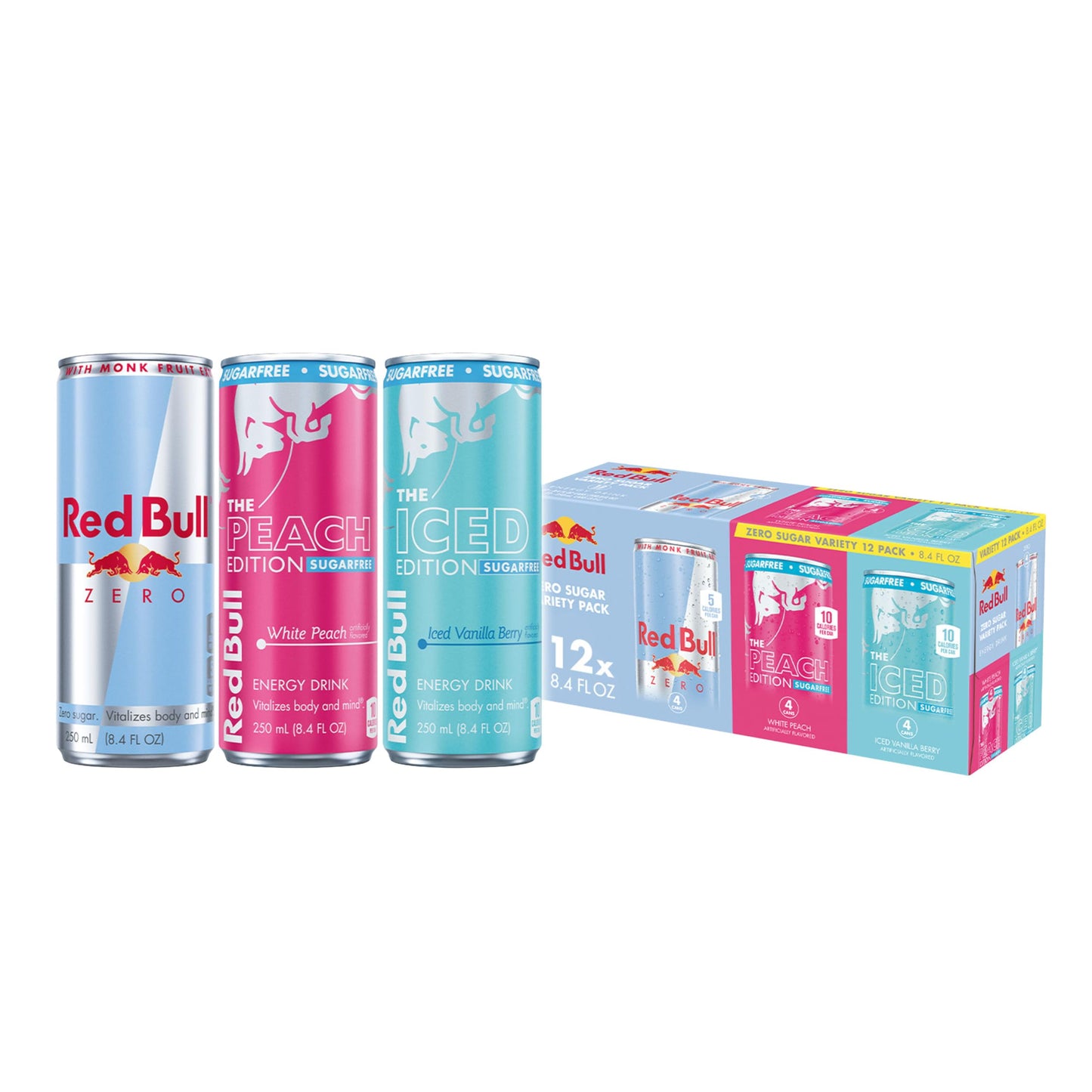 Red Bull Energy Drink Sugarfree Variety Pack  Zero  Peach  Iced Vanilla Berry  With 80Mg Energy Blend  Taurine & B Vitamins  8.4 Fl. Oz  Pack Of 12 Can