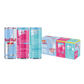 Red Bull Energy Drink Sugarfree Variety Pack  Zero  Peach  Iced Vanilla Berry  With 80Mg Energy Blend  Taurine & B Vitamins  8.4 Fl. Oz  Pack Of 12 Can