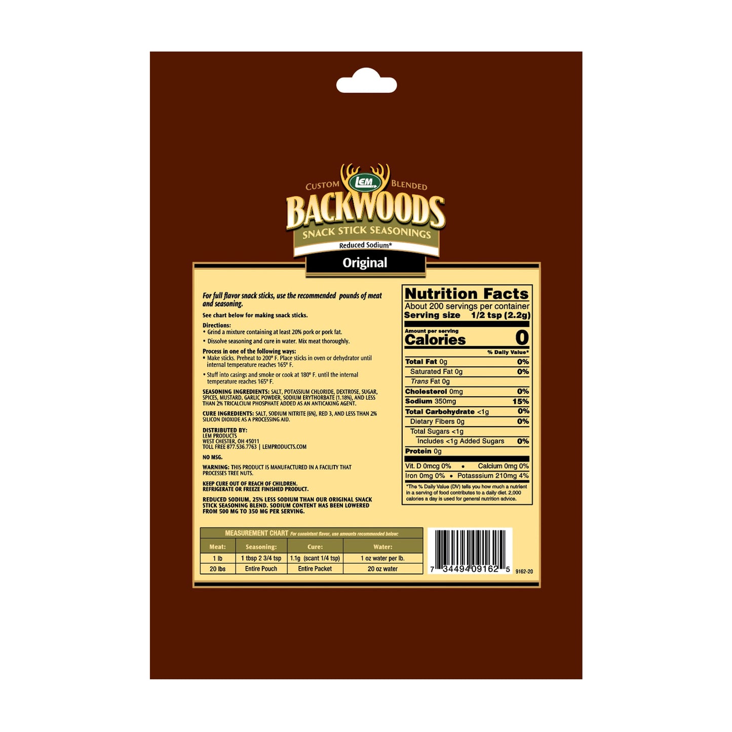 LEM Backwoods Snack Stick Seasoning, Reduced Sodium, 15.6 Ounce Packet, Seasons Up to 20 Pounds of Meat, Model 9162