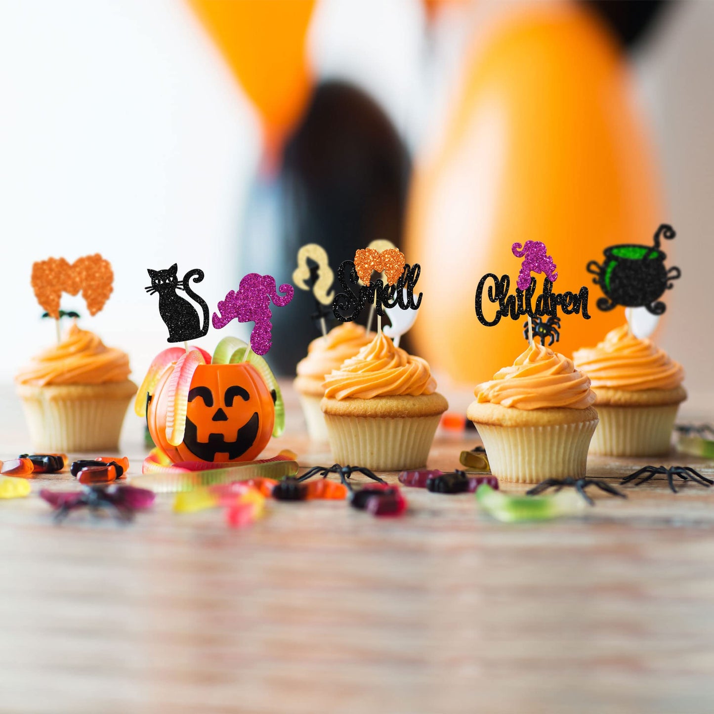 Gyufise 24Pcs Hcus Pous Cupcake Toppers Glitter Witch Hair I Smell Children Halloween Cupcake Picks For Halloween Hocus Pocus Th