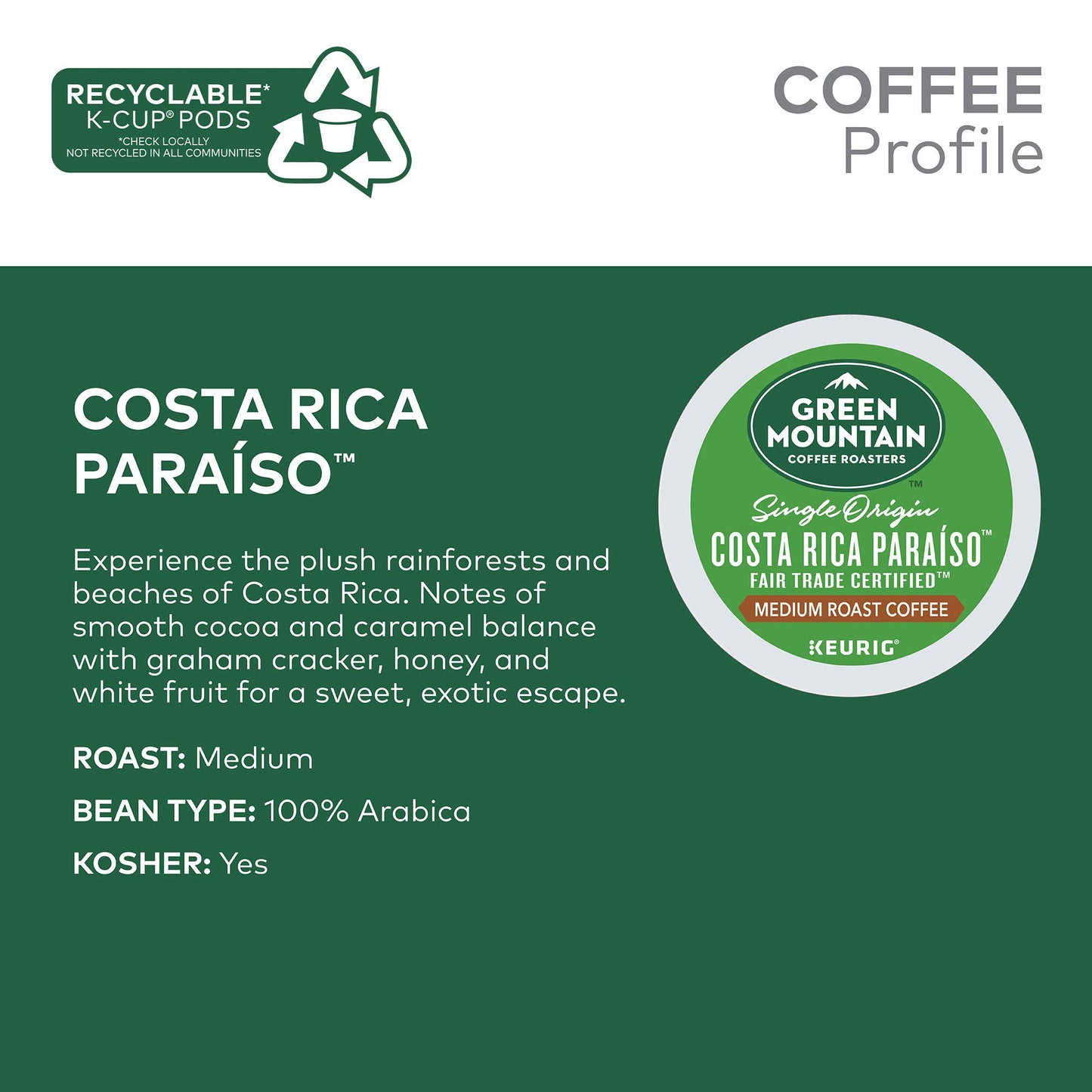 Green Mountain Coffee Roasters Costa Rica Paraiso Single-Serve K-Cup Pods, Medium Roast Coffee, 72 Count