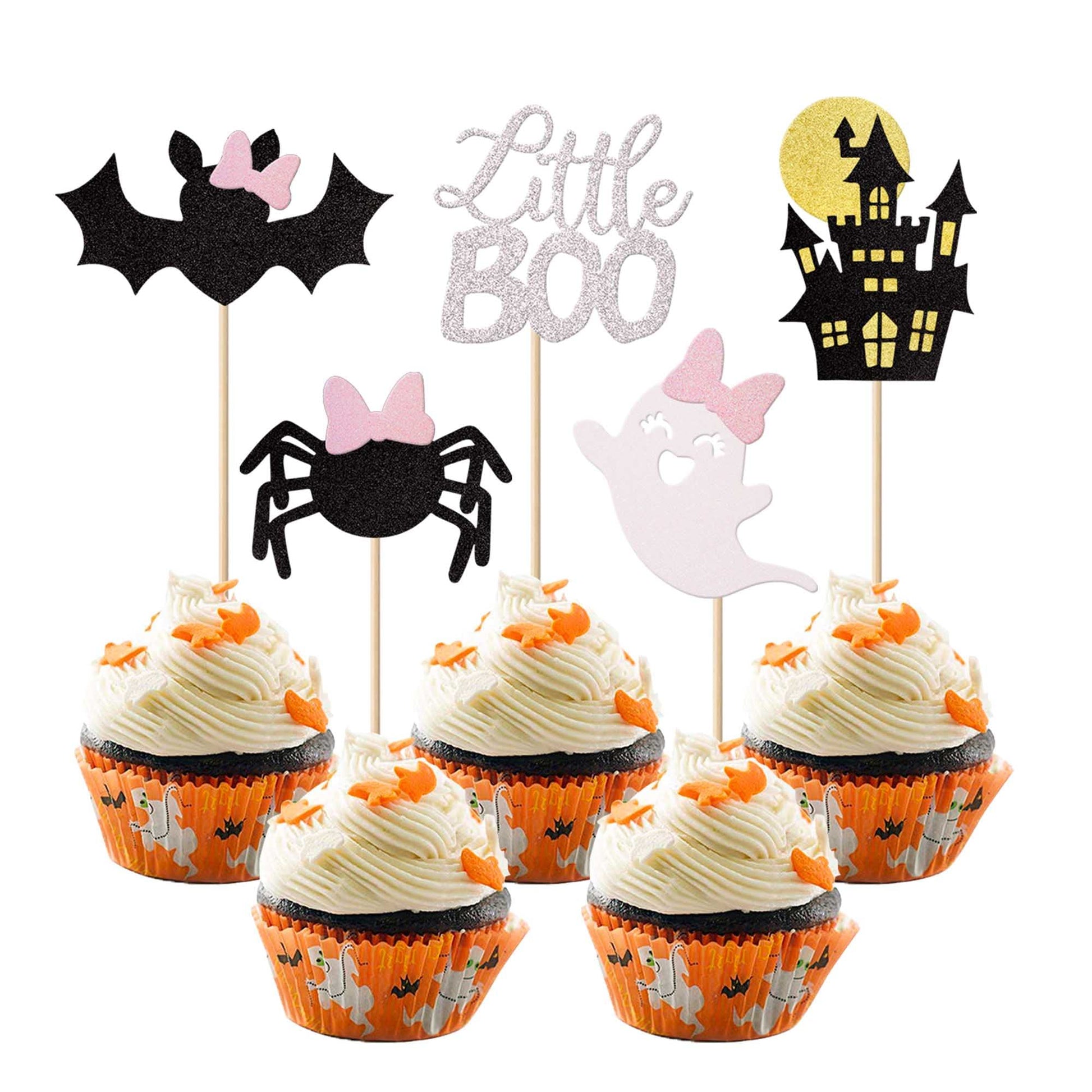 Rsstarxi 30 Pack Halloween Cupcake Toppers Glitter Spider Bat Little Boo Cupcake Picks Spooky Ghost Halloween Castle Cake Decorations For Halloween Theme Baby Shower Kids Birthday Party Supplies