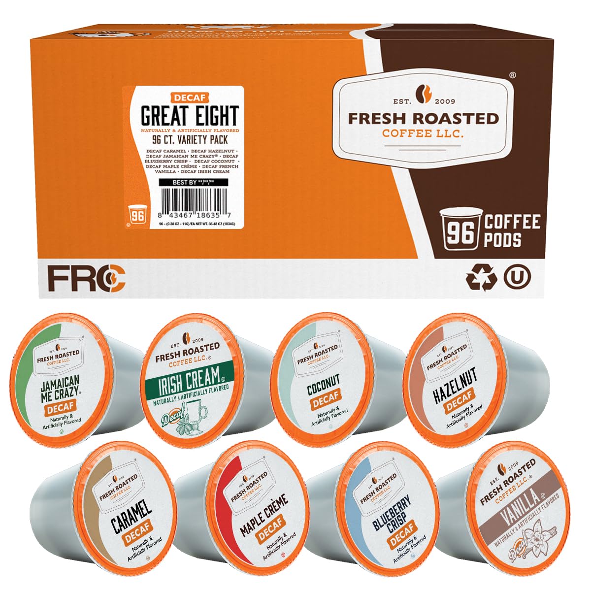 Fresh Roasted Coffee  The Decaf Great Eight  Flavored Coffee Pod Variety Pack  K-Cup Compatible  96 Count