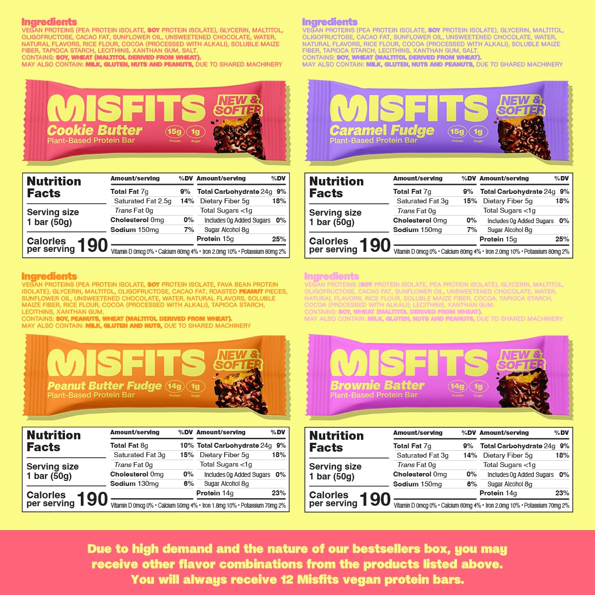 Misfits Vegan Protein Bar, Best Sellers Variety Pack, Plant Based High Protein Snacks With 15G Per Bar, Low Sugar, Low Carb, Glu
