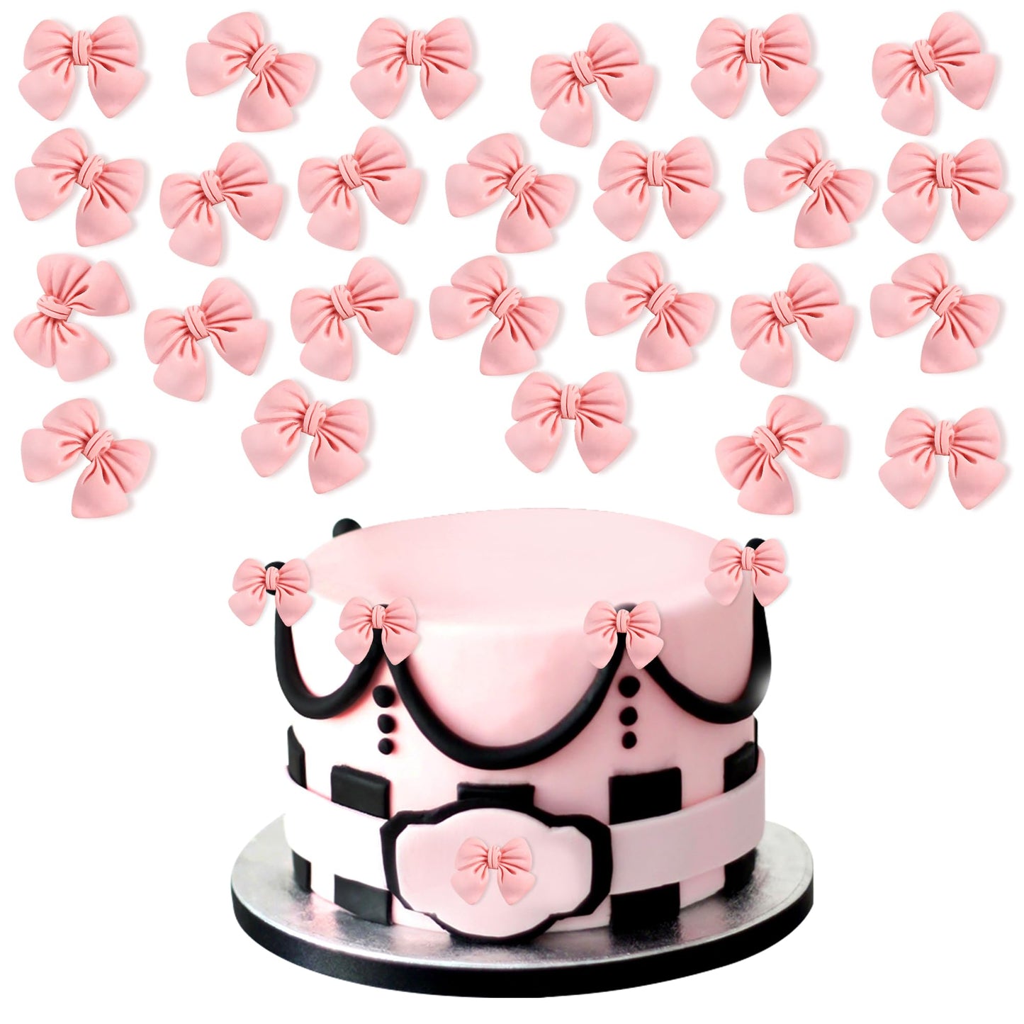 Cyodoos 24pcs Pink Bow Cake Toppers - Resin Cupcake Picks for Baby Shower, Birthday, Wedding Party - Small Size
