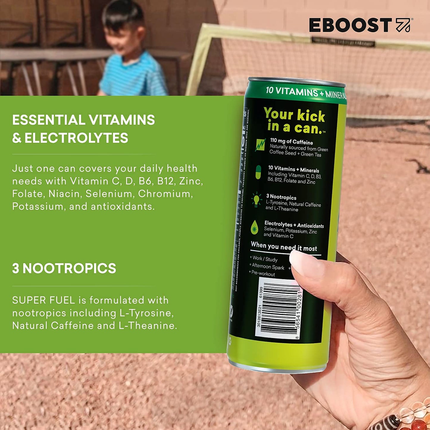 Eboost Super Fuel Healthy Energy Drink - Caffeine From Natural & Clean Ingredients For Focus And Productivity -Taurine Free Pre-Workout With Electrolytes, Nootropic & Vitamins - Ginger Lime, 12 Pack