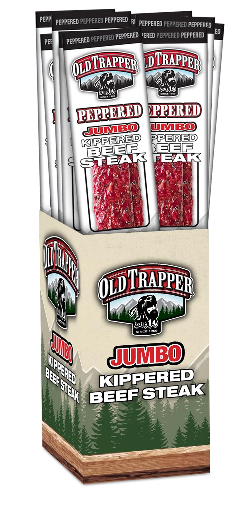 Old Trapper Kippered Steak, Peppered Flavor, Two-Ounce Individually Wrapped Packages, Spicy Meat Snack for Between Meal Bites, 2