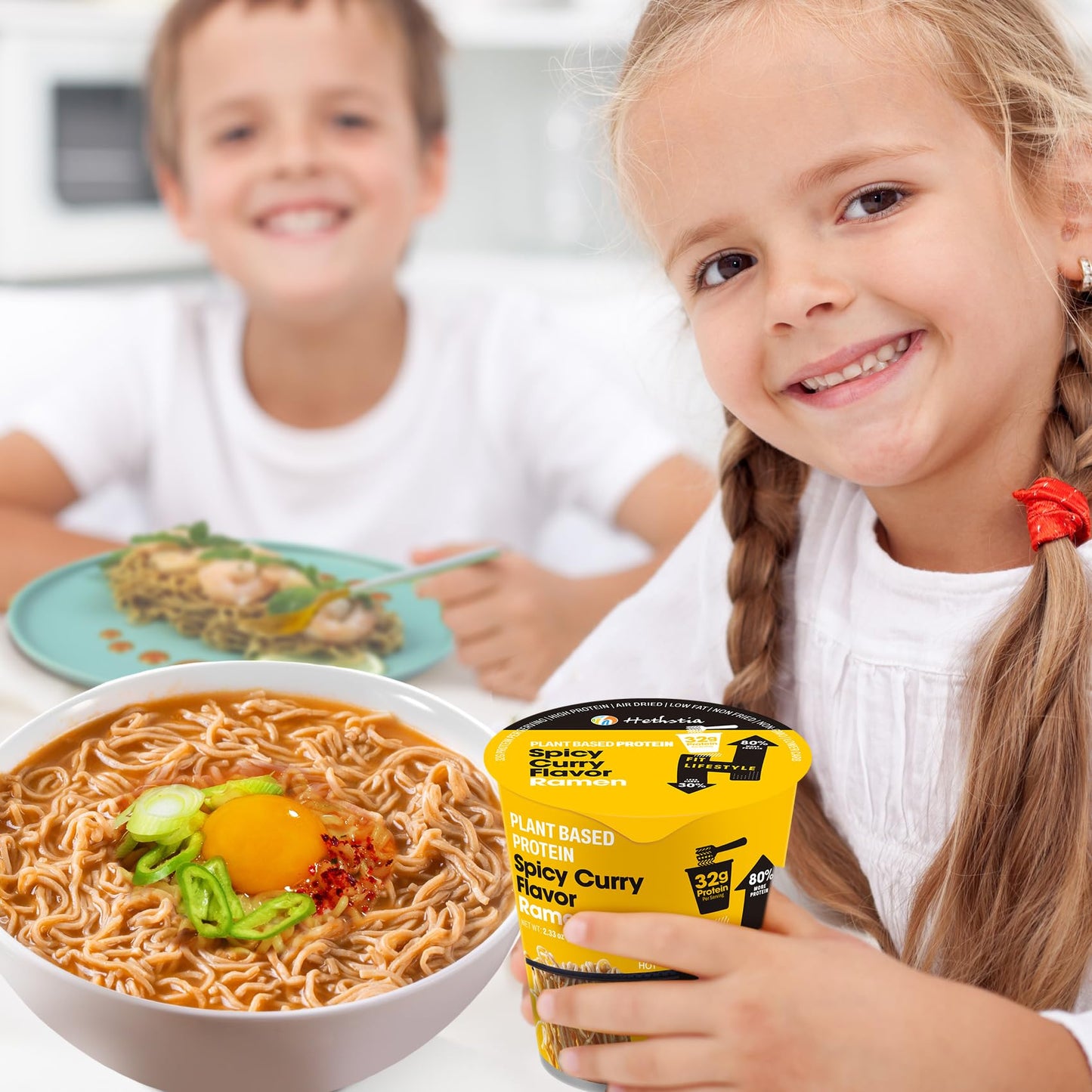 Hethstia Protein Ramen, Spicy Curry Flavor Pre-Packaged Ramen Soup Cup, 6-Pack Instant High-Protein Noodle Broth, 32g Plant Prot