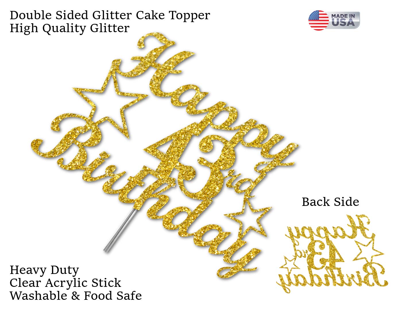 43 Birthday Cake Topper Gold Glitter, Party Decoration Ideas, Premium Quality, Sturdy Doubled Sided Glitter, Acrylic Stick. Made