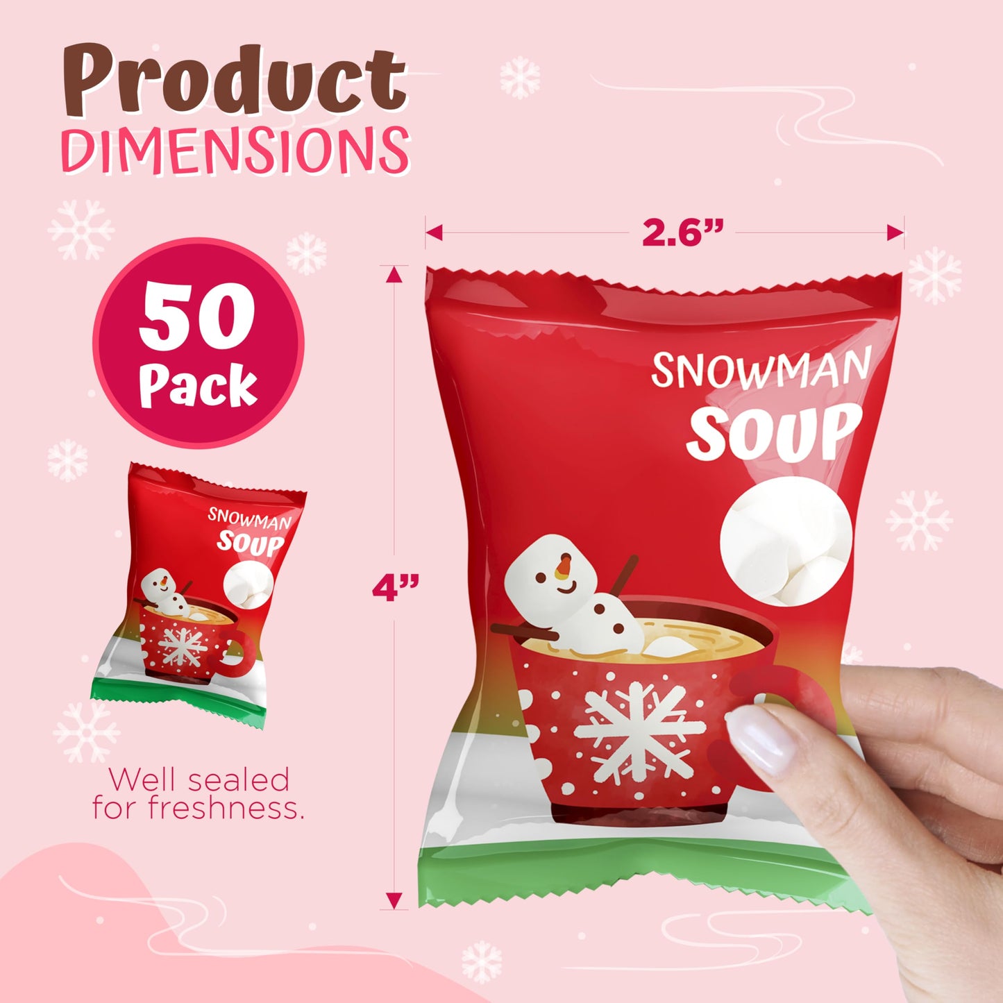 4Es Novelty 50 Packs Snowman Soup Mini Marshmallow Packets  Vanilla Flavored  14 Marshmallows in Each Bag  Bulk Individually Wrapped Christmas Marshmallows For Hot Chocolate Bar Supplies Party