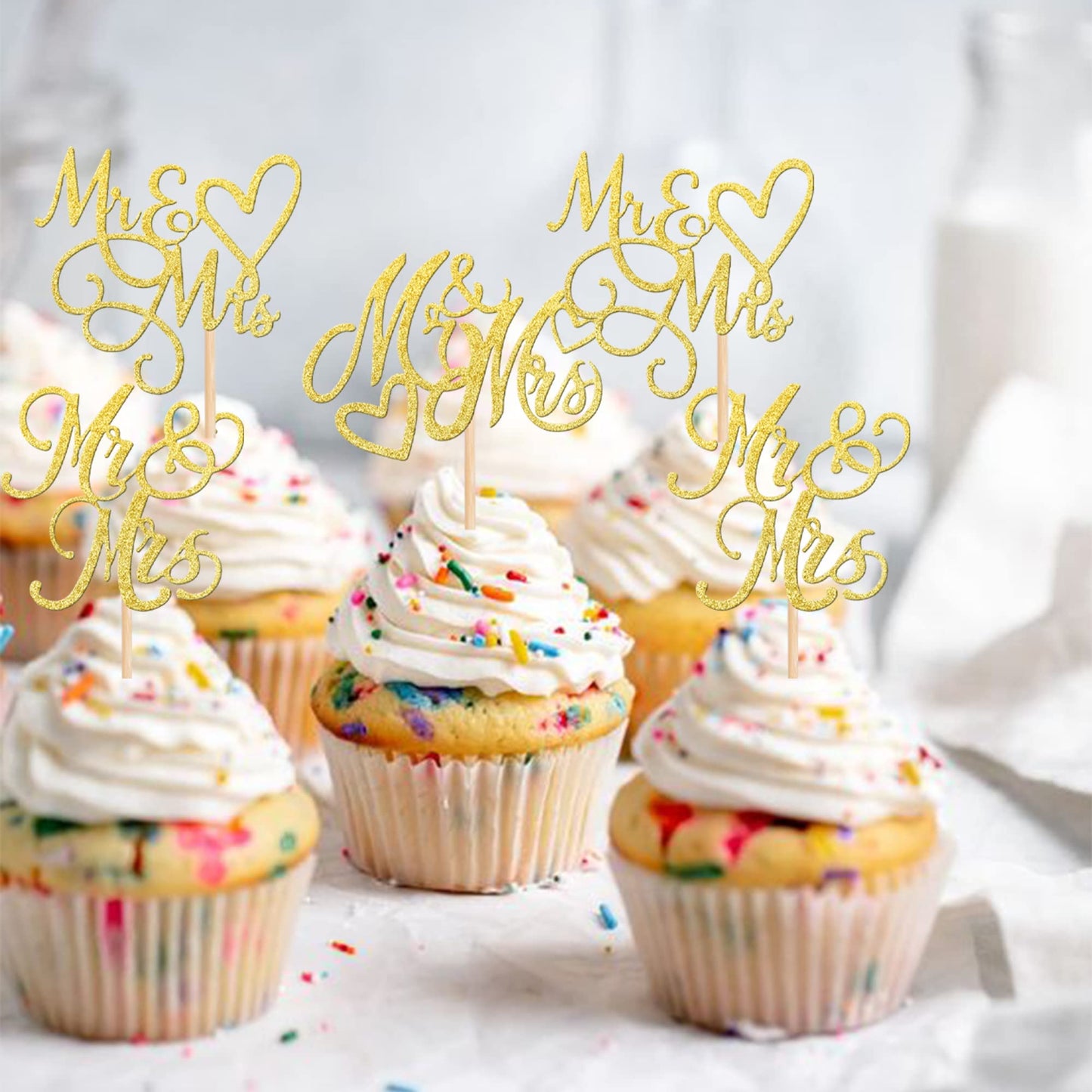 24 Pcs Mr & Mrs Cupcake Toppers Glitter Love Heart Cupcake Picks Wedding Engagement Cake Decorations For Bridal Shower Theme Bir