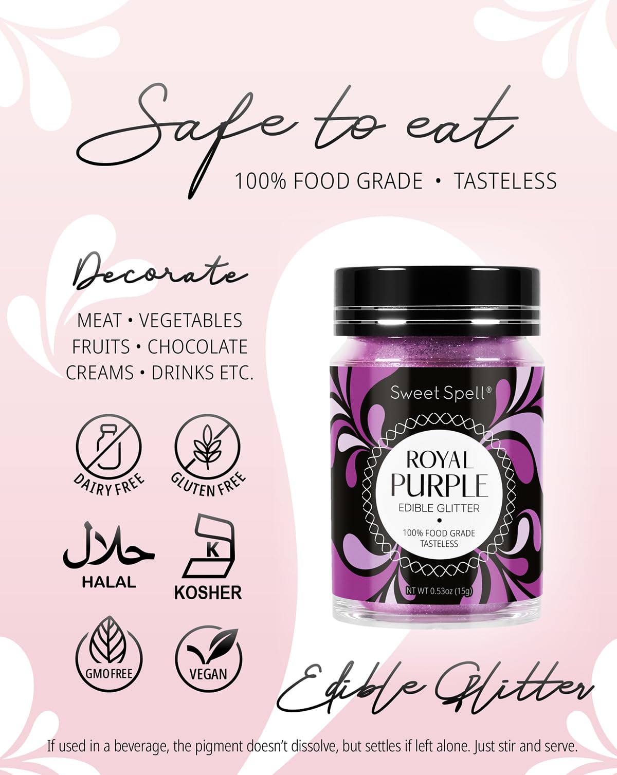 Sweet Spell Edible Glitter (15g) - Shimmer Sparkles for Drinks  Cakes  Cocktails - 100% Edible & Food Grade Glitter  Vegan  Gluten-Free (Purple)