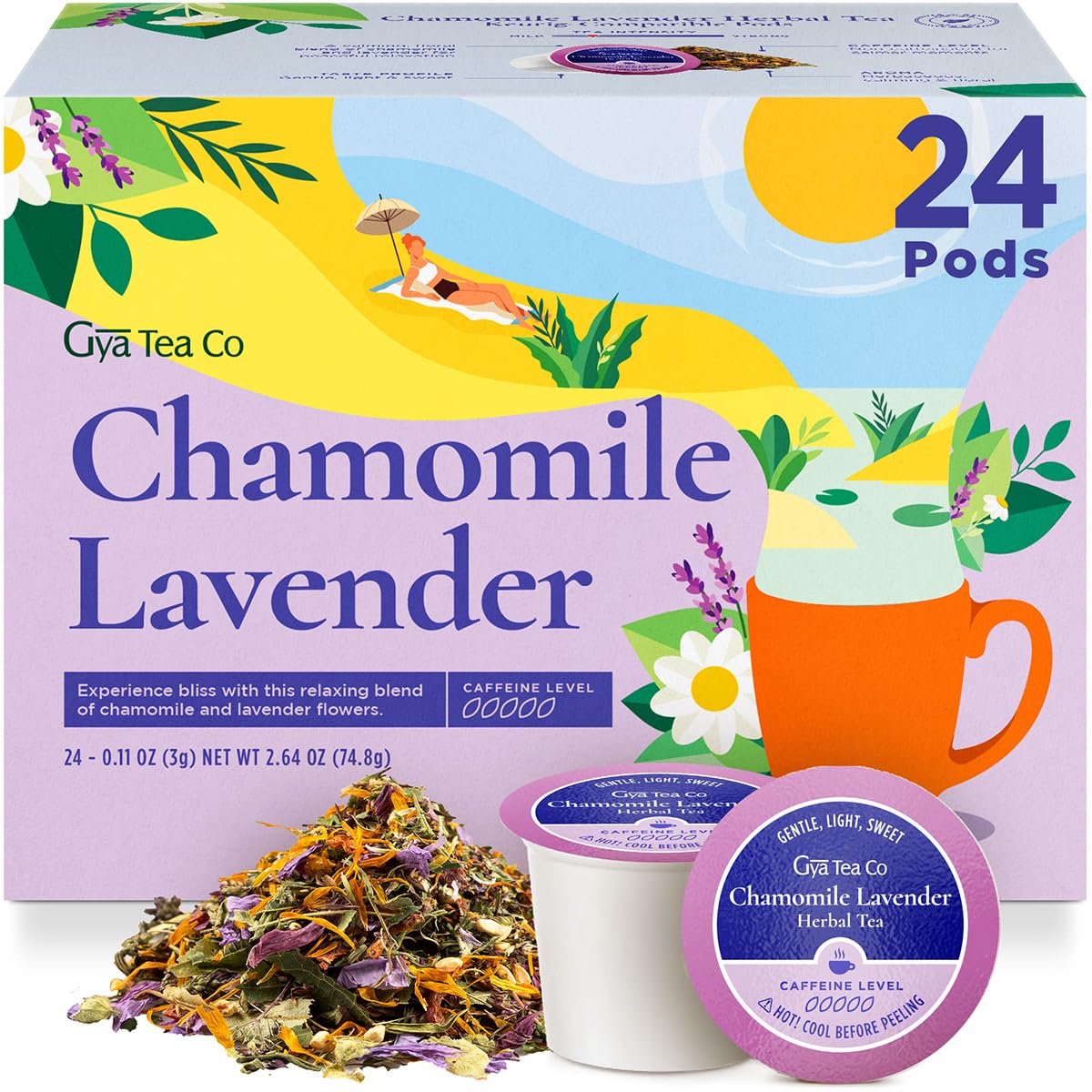 Gya Tea Co Chamomile Lavender Herbal Tea Pods - Decaf Wellness Tea, 24 Count